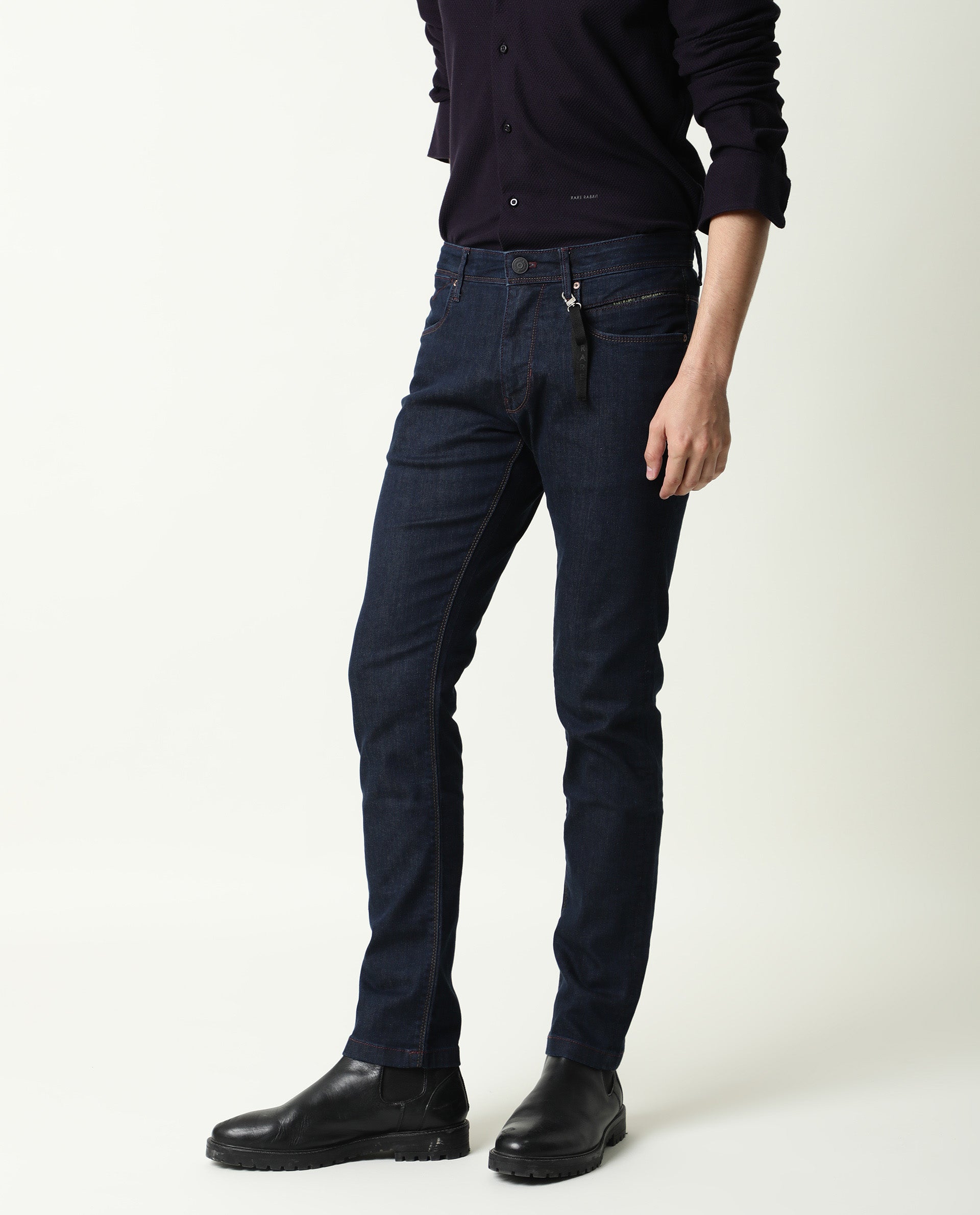 Rare Rabbit Men's Dratt-2  Navy Dark Wash Mid-Rise Slim Fit Jeans