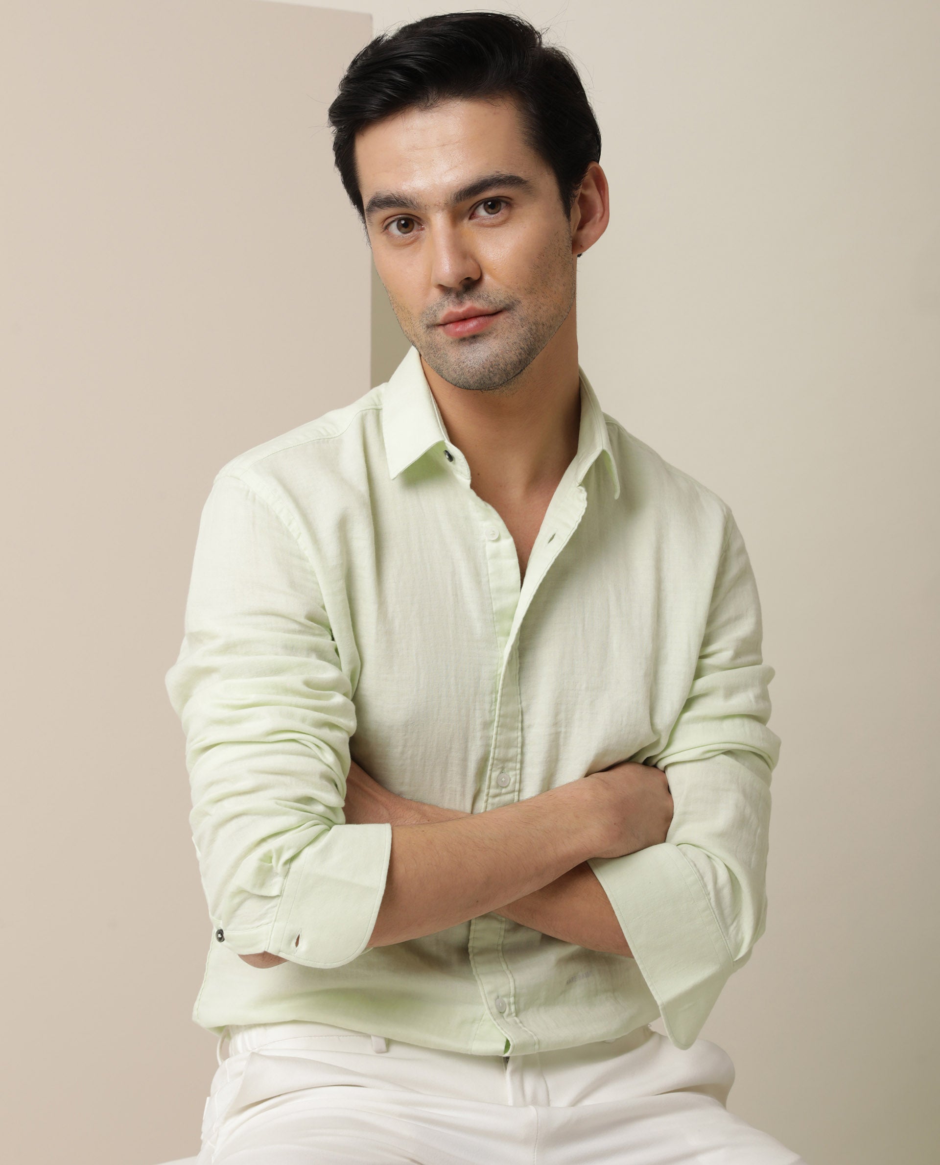 Rare Rabbit Men's Layerr Light Green Cotton Fabric Full Sleeves Solid Shirt