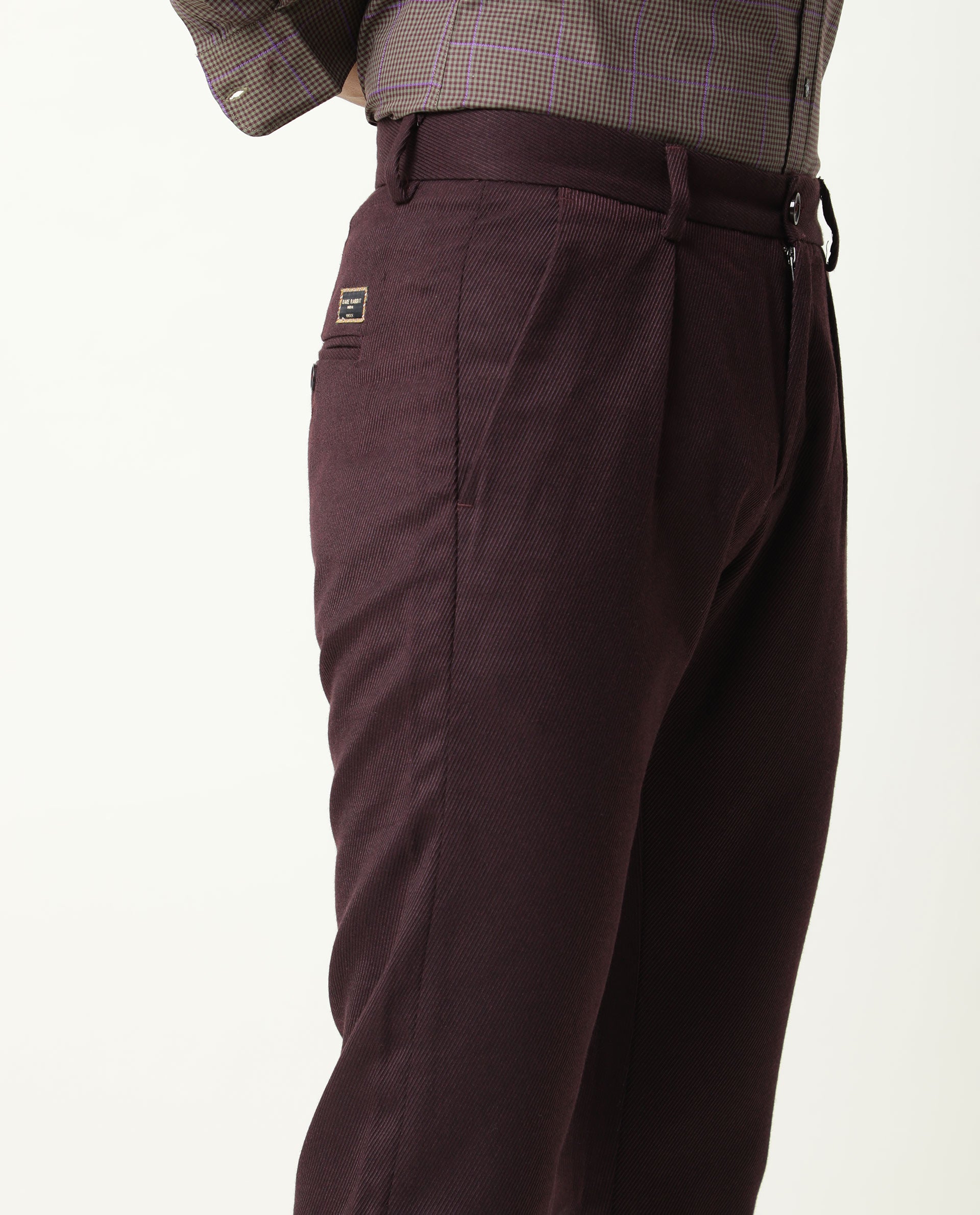 Rare Rabbit Men's Edit Dark Maroon Poly Viscose Fabric Slim Fit Button & Zip Closure Trouser
