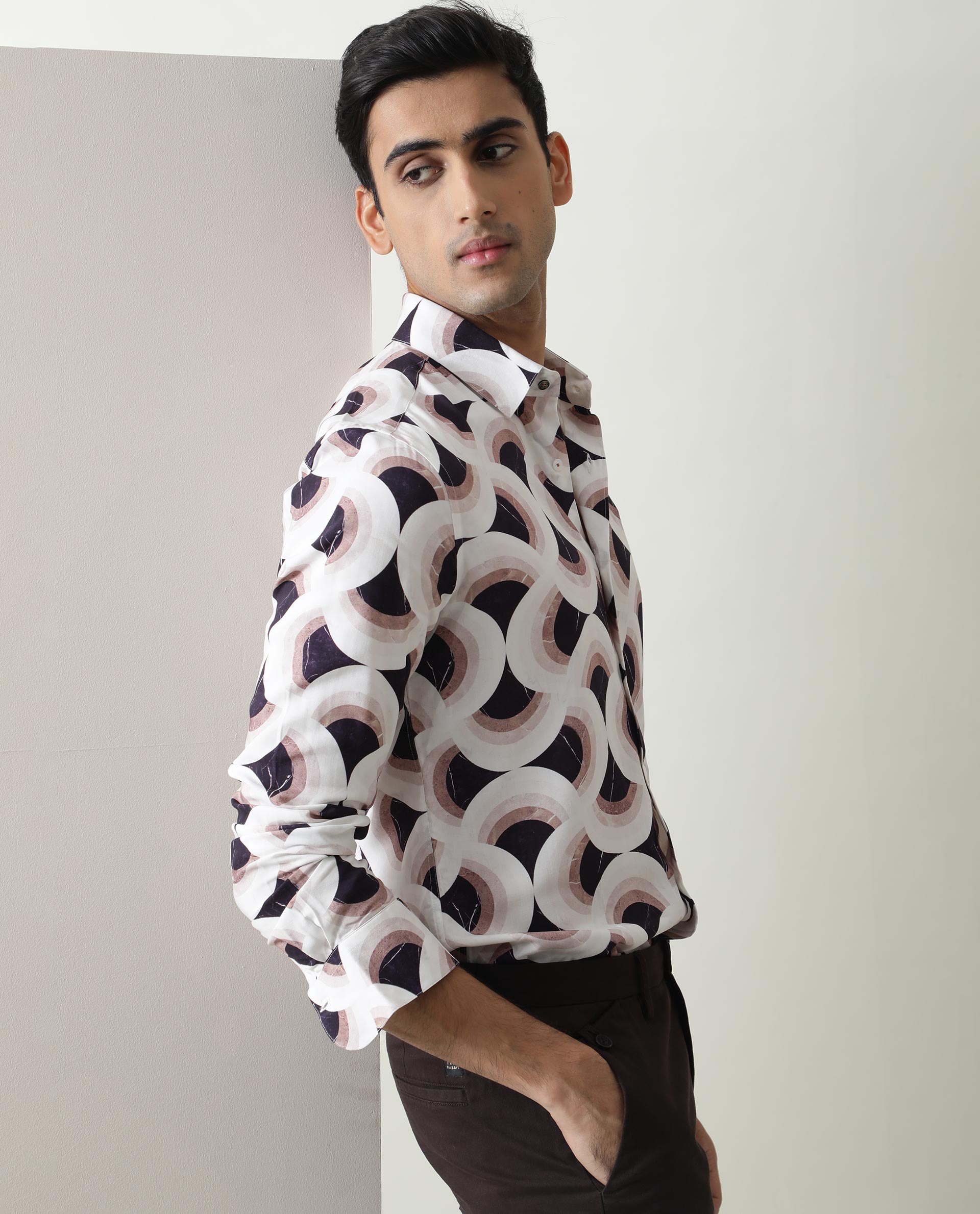 Rare Rabbit Men's Febug Off White Viscose Fabric Geometric Print Full Sleeves Shirt