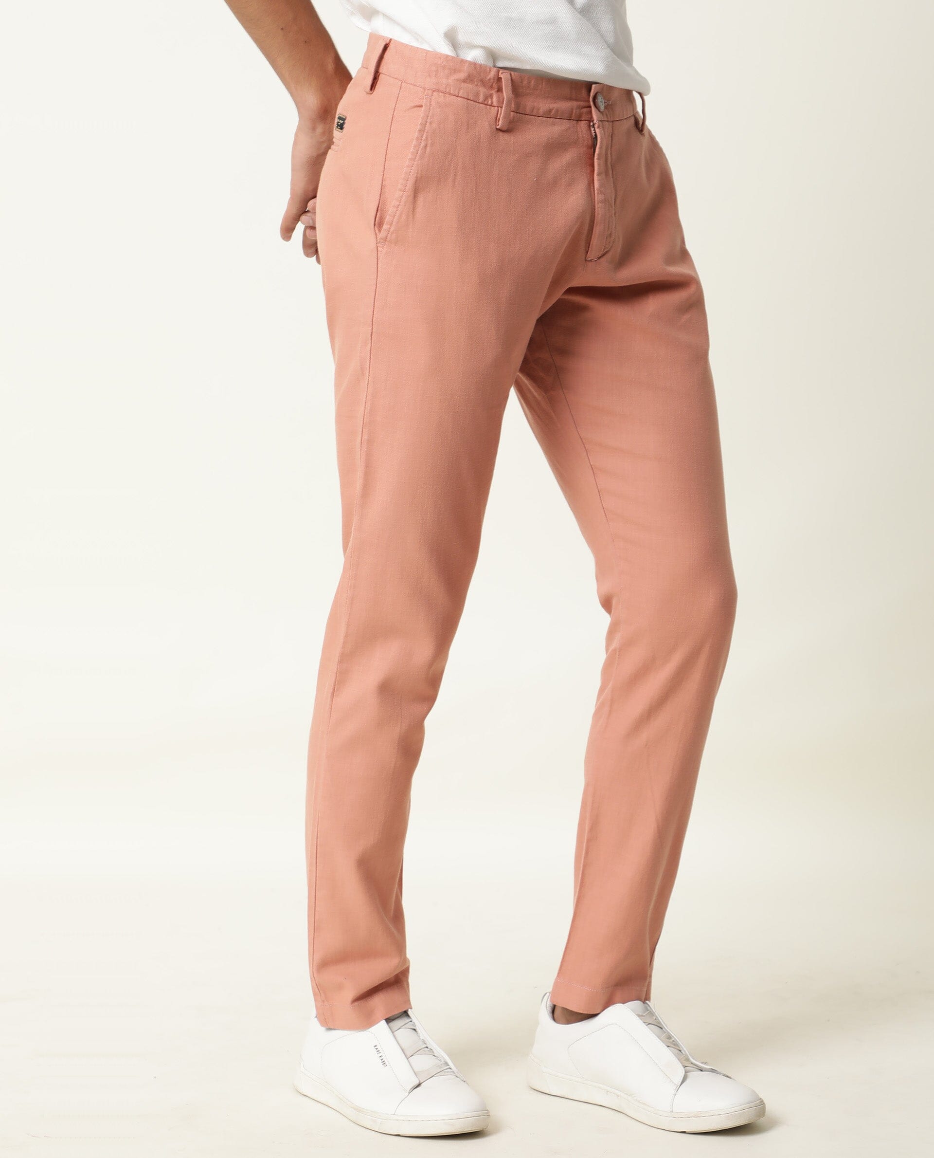 Rare Rabbit Men's Corn Pink Solid Mid-Rise Regular Fit Stretch Trouser