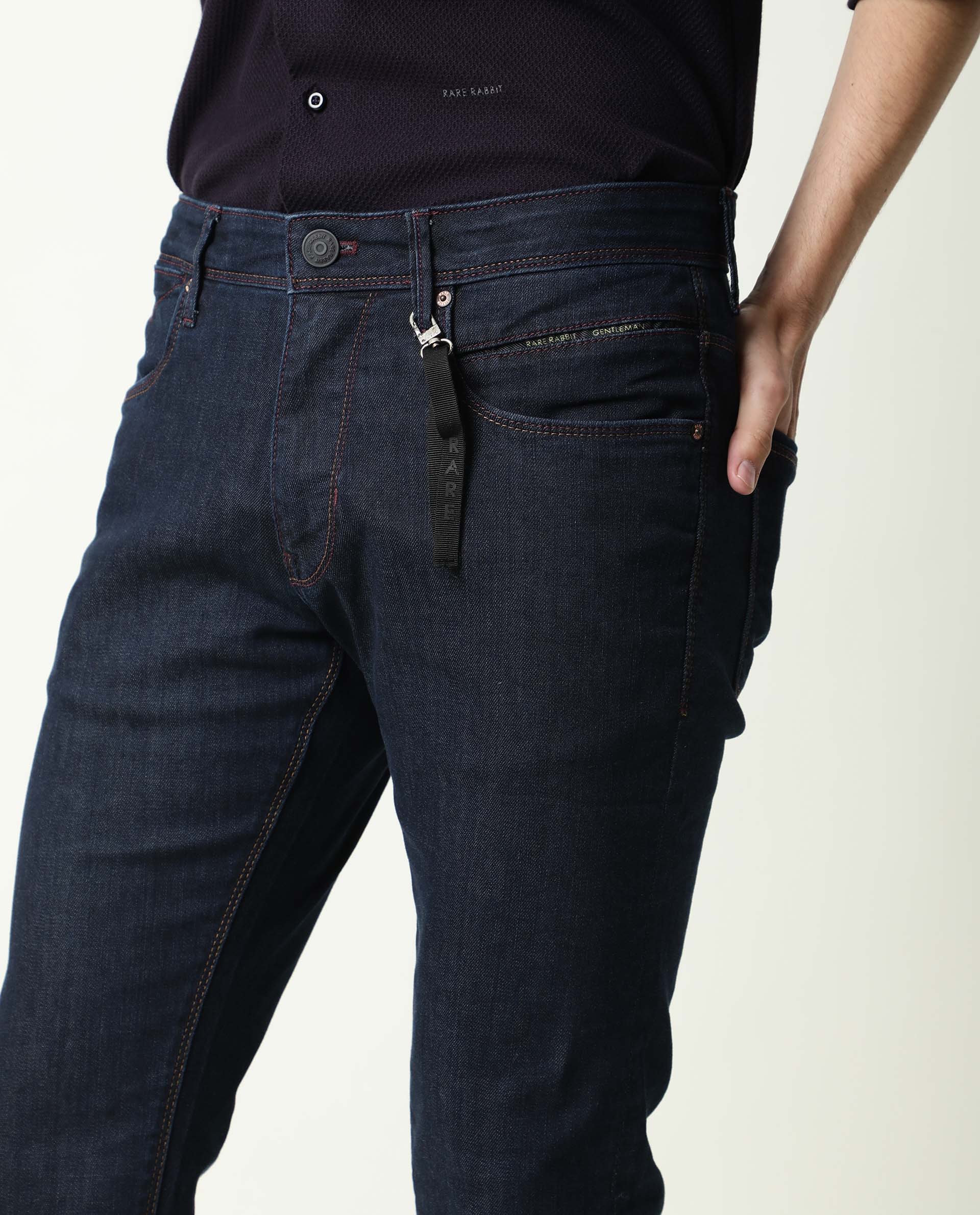 Rare Rabbit Men's Dratt-2  Navy Dark Wash Mid-Rise Slim Fit Jeans