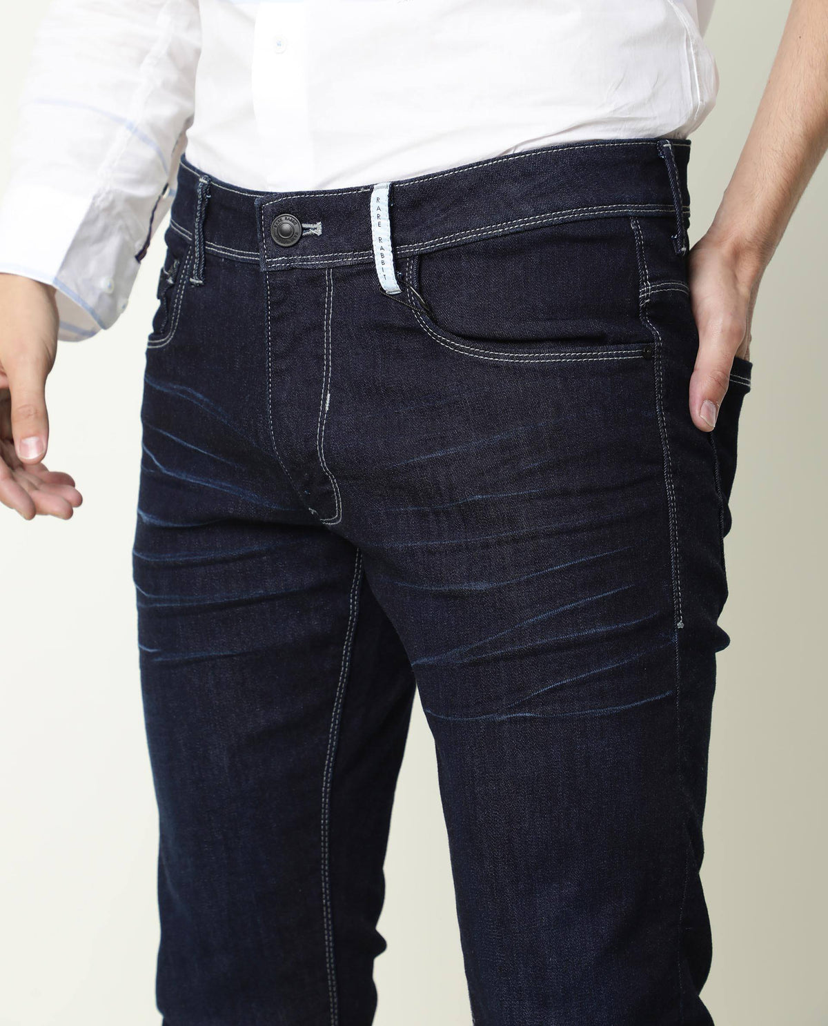 Rare Rabbit Men's Neo Blue Mid-Rise Dark Wash Slim Fit Jeans