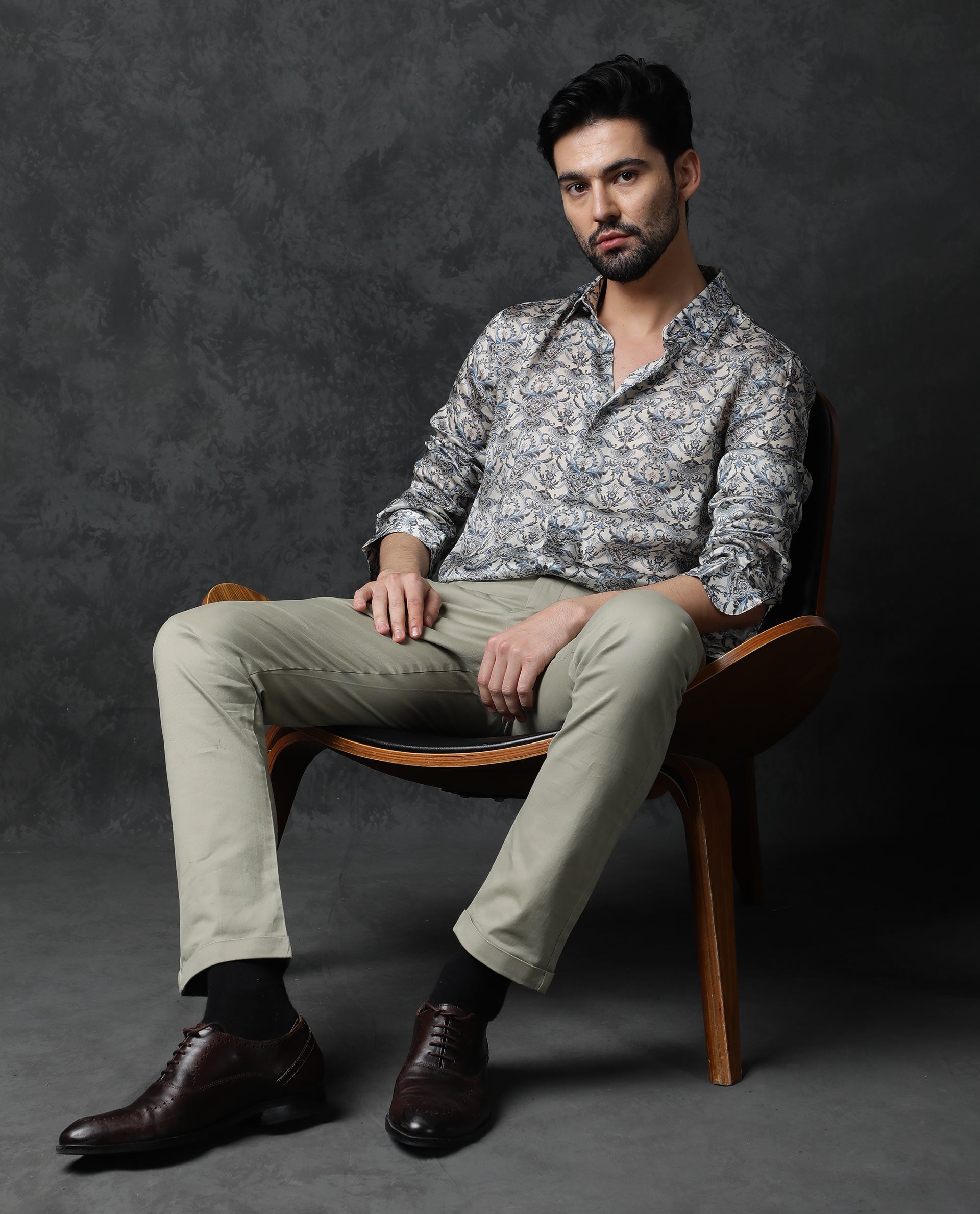 Rare Rabbit Men's Montor Beige Satin Abstract Print Full Sleeves Shirt