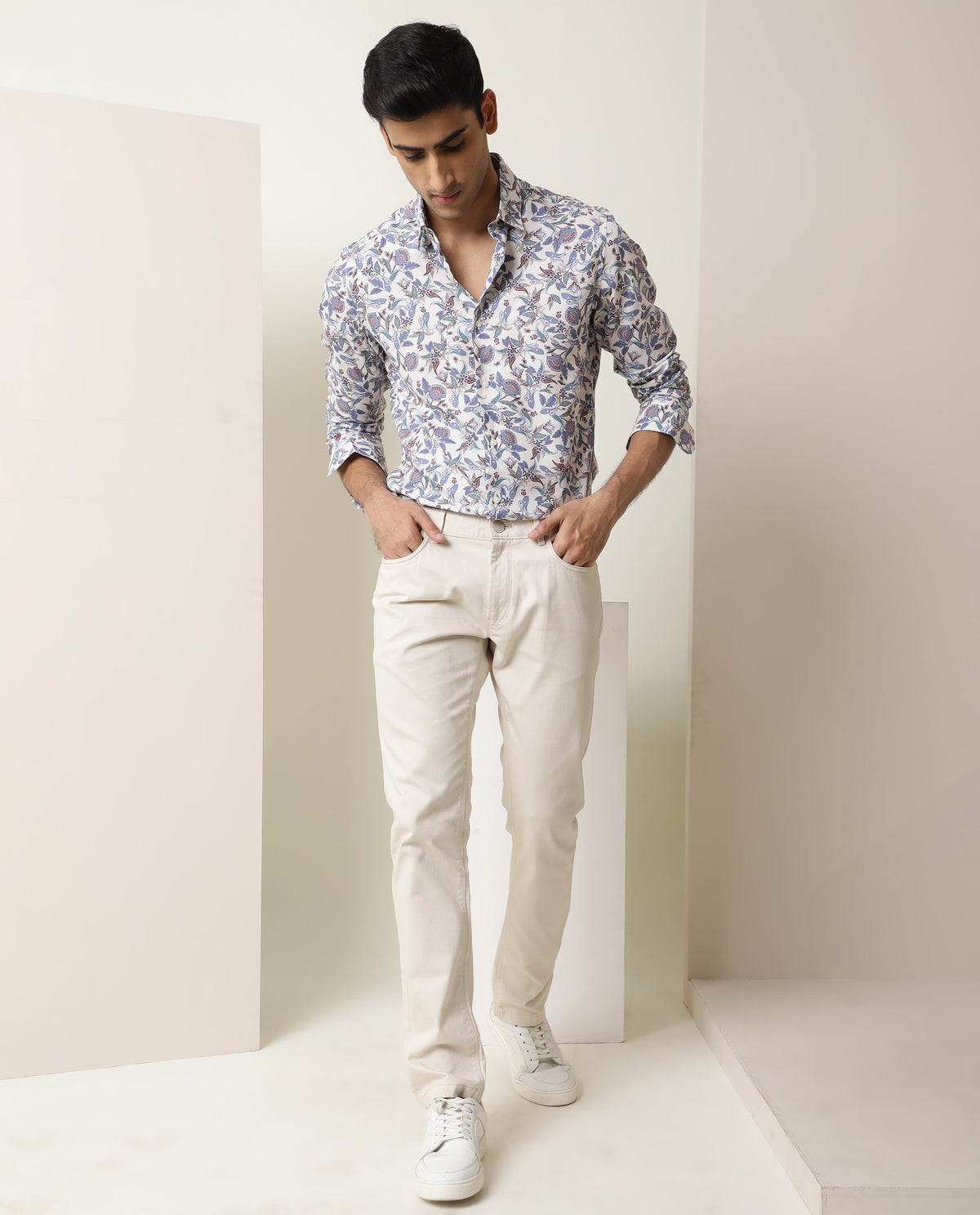 Rare Rabbit Men's Lambos White Viscose Fabric Floral Print Full Sleeves Shirt