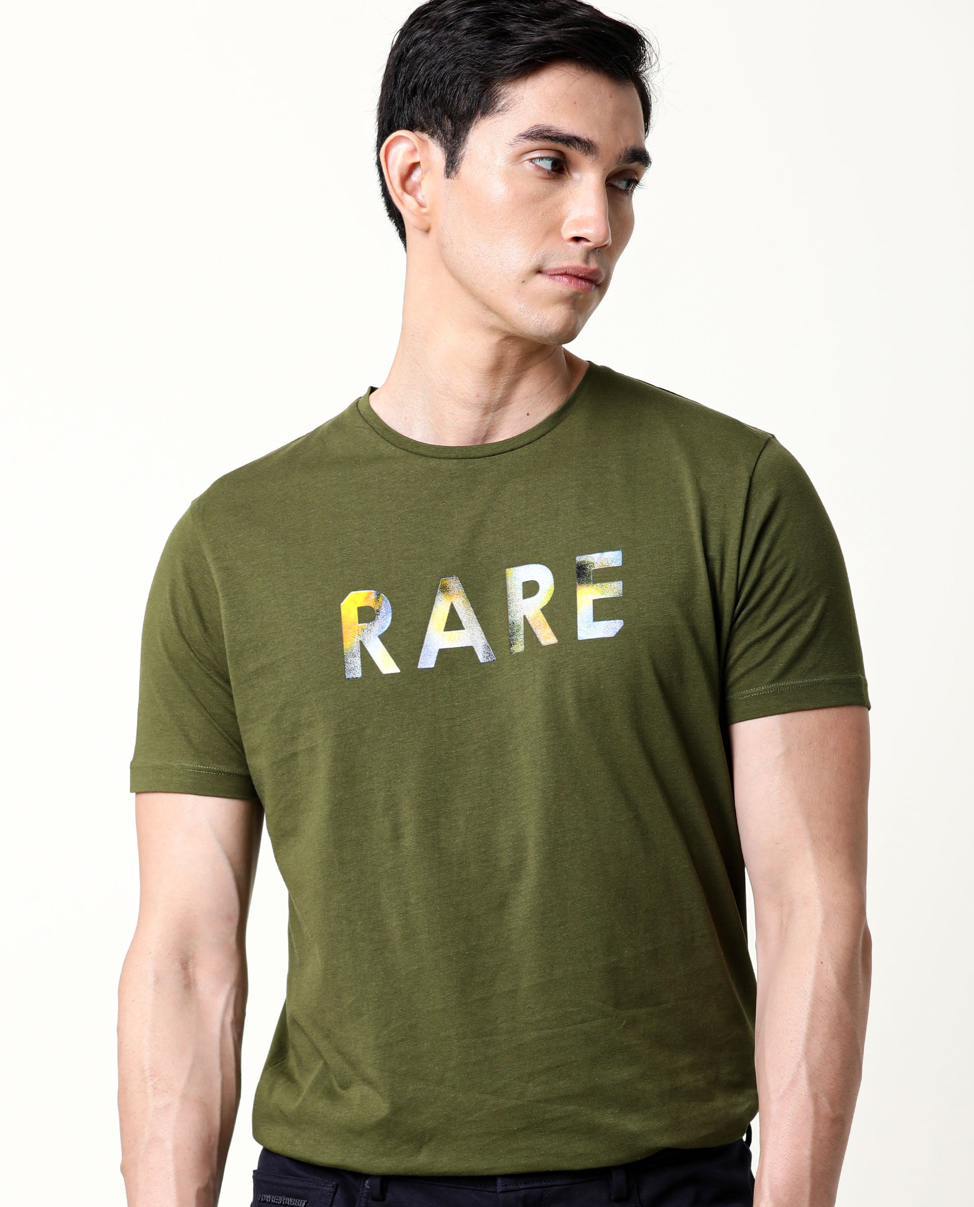 Rare Rabbit Men's Gavin Green Crew Neck HD Graphic Print Branded Half Sleeves T-Shirt