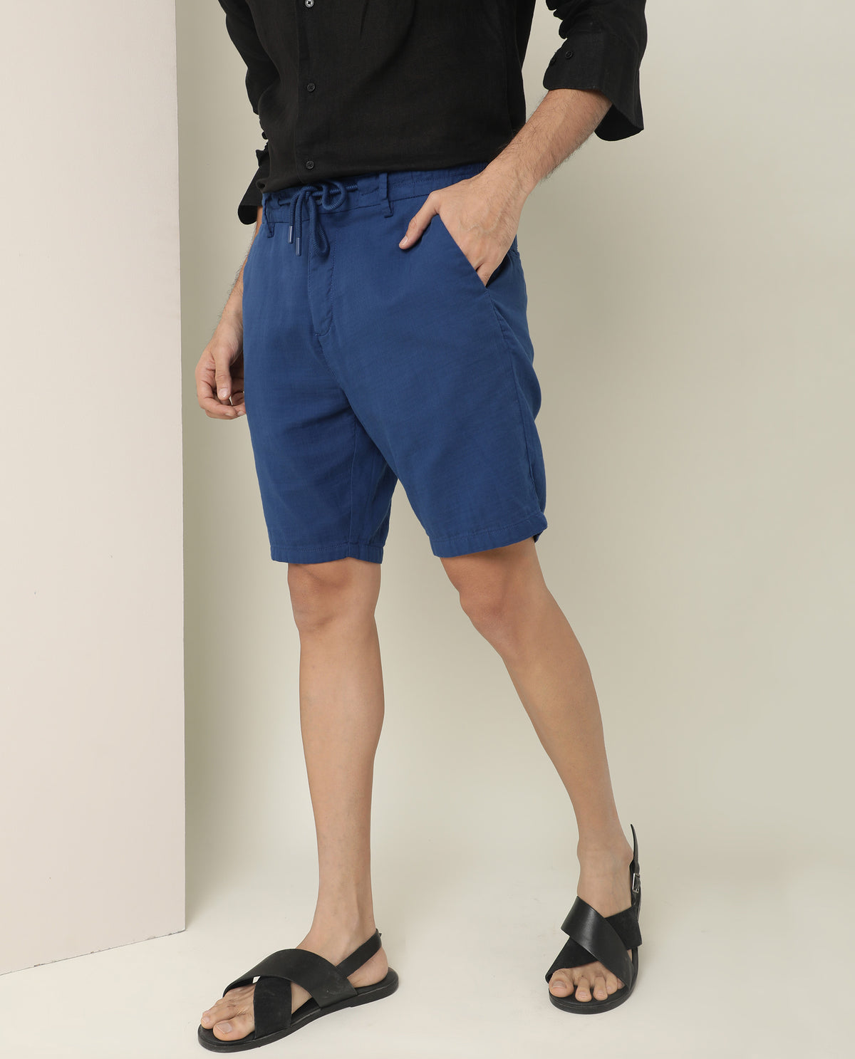 Rare Rabbit Mens Pinto Flouroscent Blue Cotton Fabric Drawstring Mid Rise Regular Fit Solid Shorts