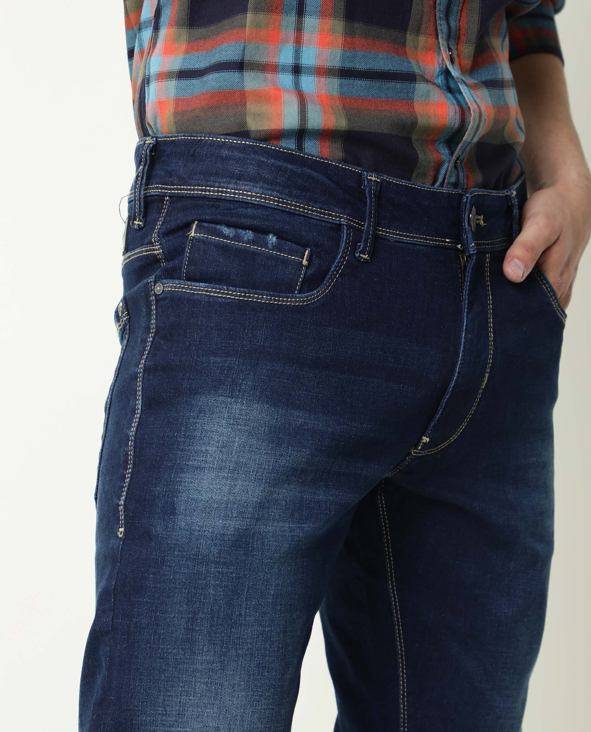 Rare Rabbit Men's Edwin Blue Mid-Rise Mid-Wash Slim Fit Jeans