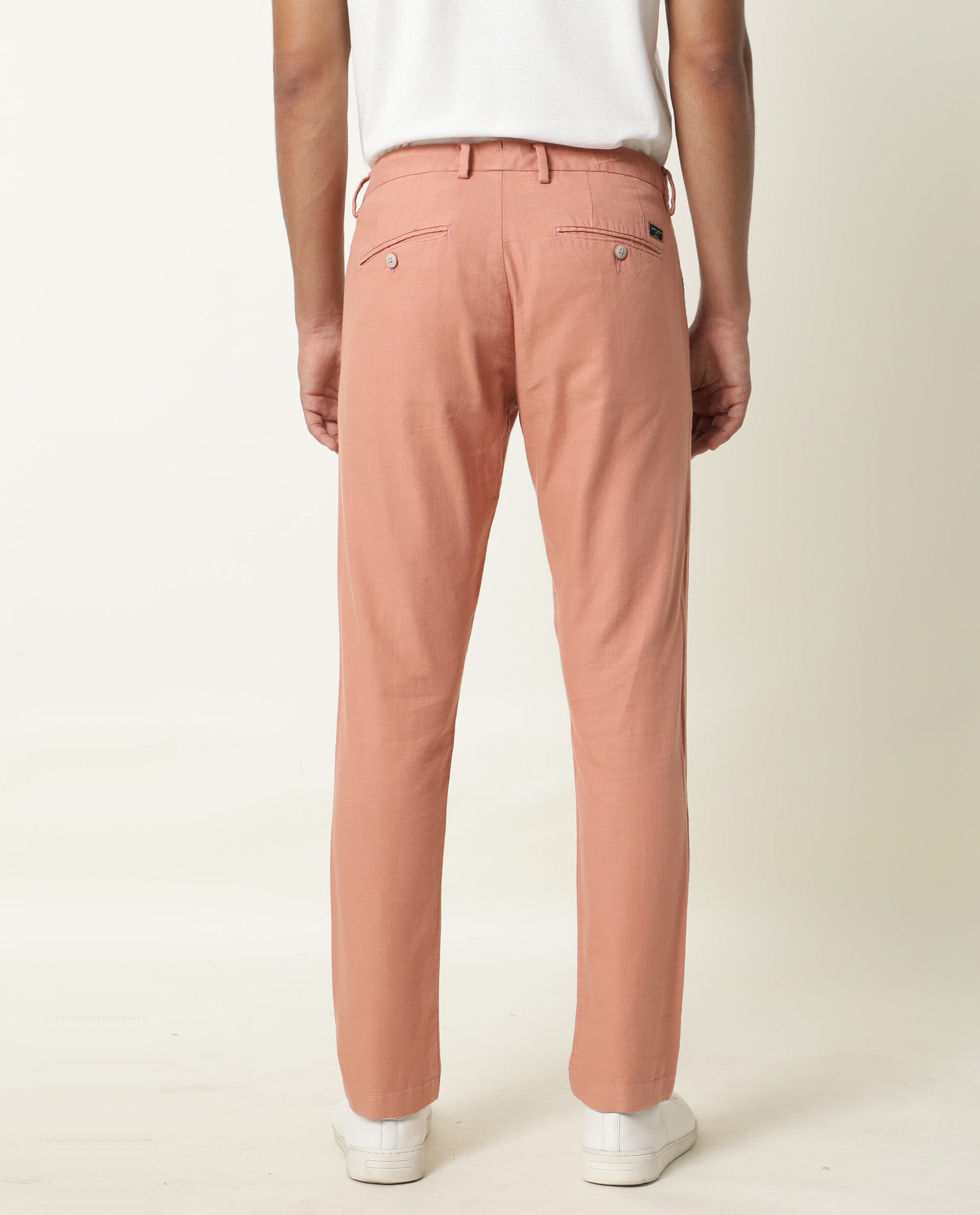 Rare Rabbit Men's Corn Pink Solid Mid-Rise Regular Fit Stretch Trouser