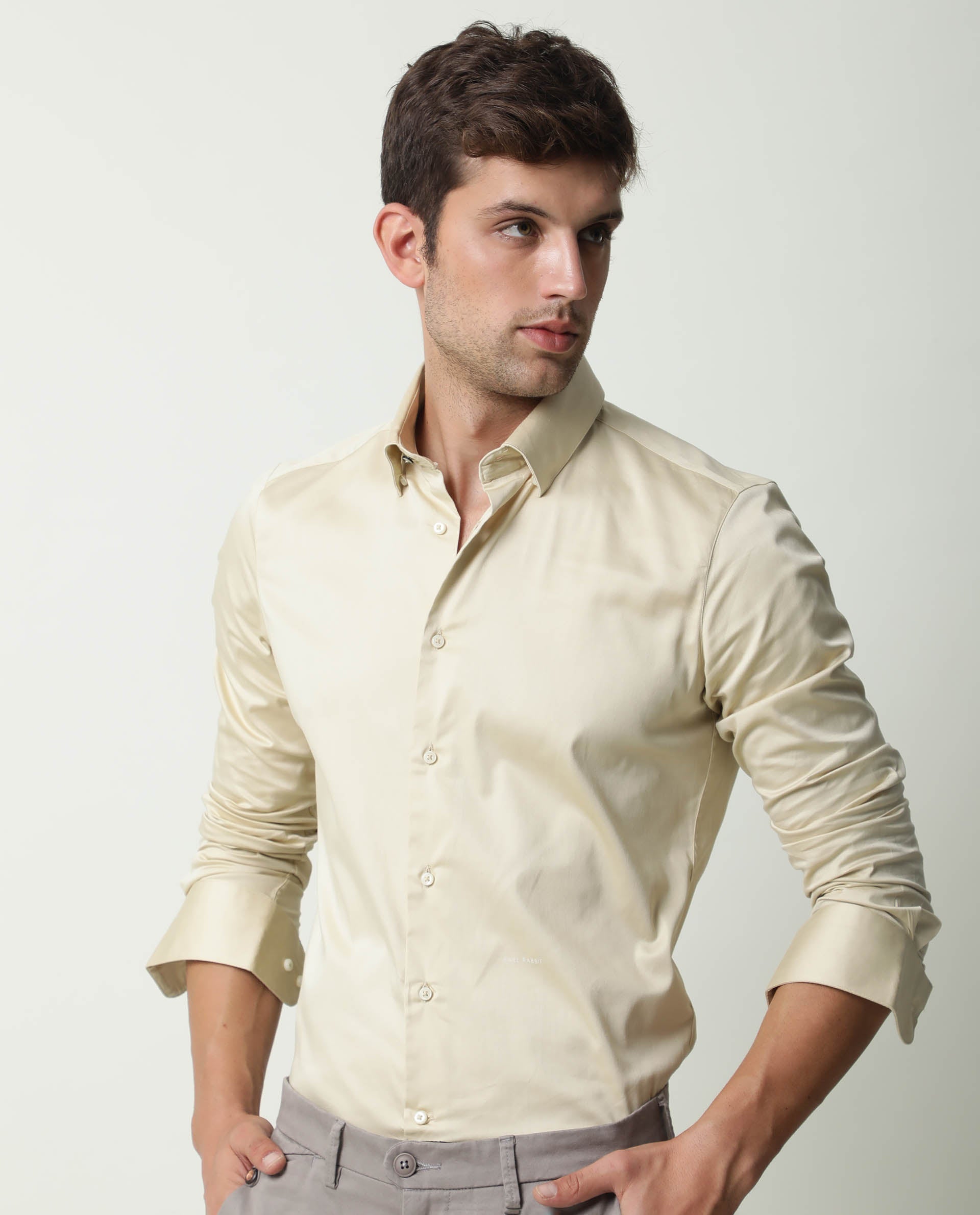 Rare Rabbit Men's Como Beige Satin Fabric Full Sleeves Solid Shirt