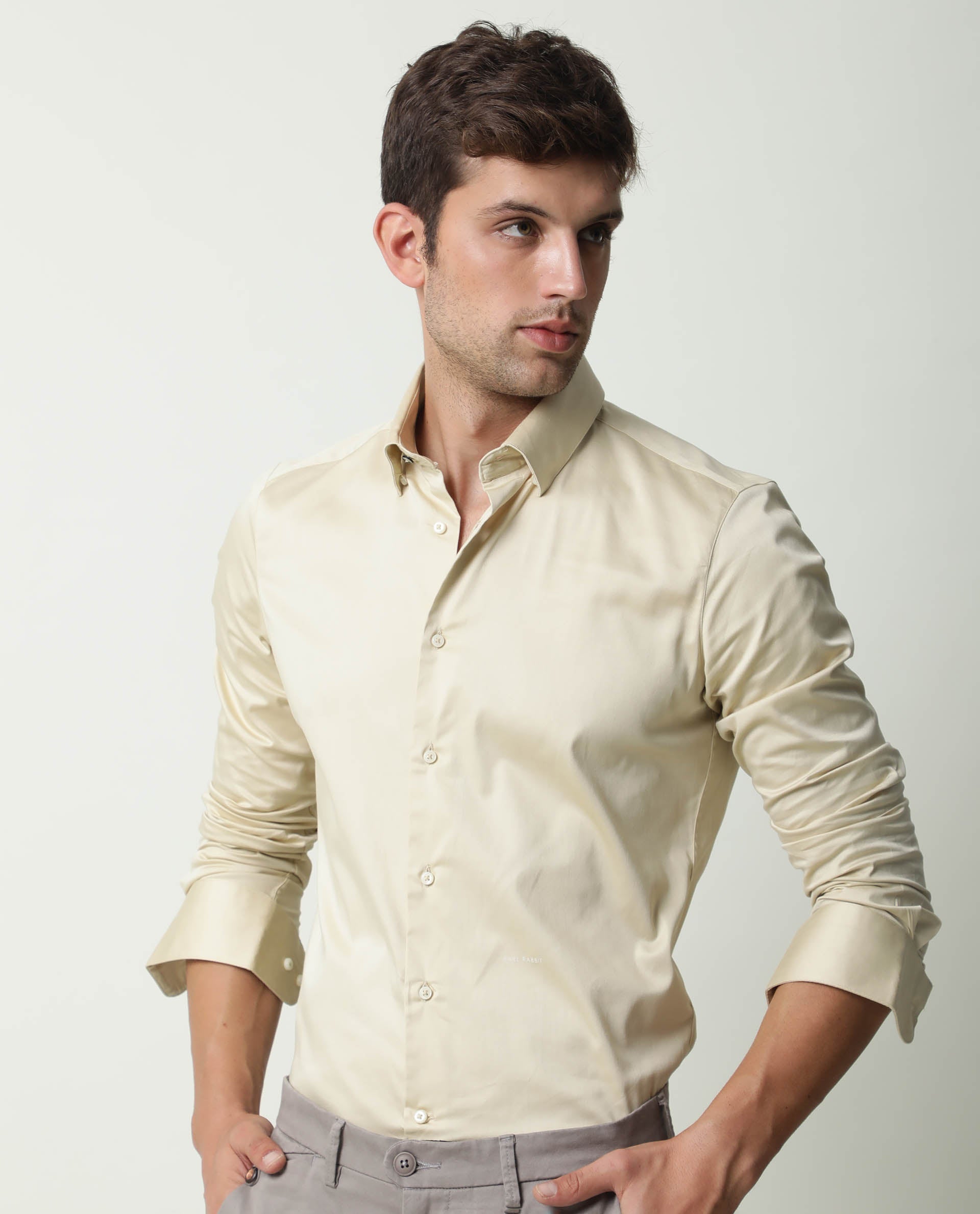 Rare Rabbit Men's Como Beige Satin Fabric Button Down Collar Full Sleeves Solid Formal Shirt