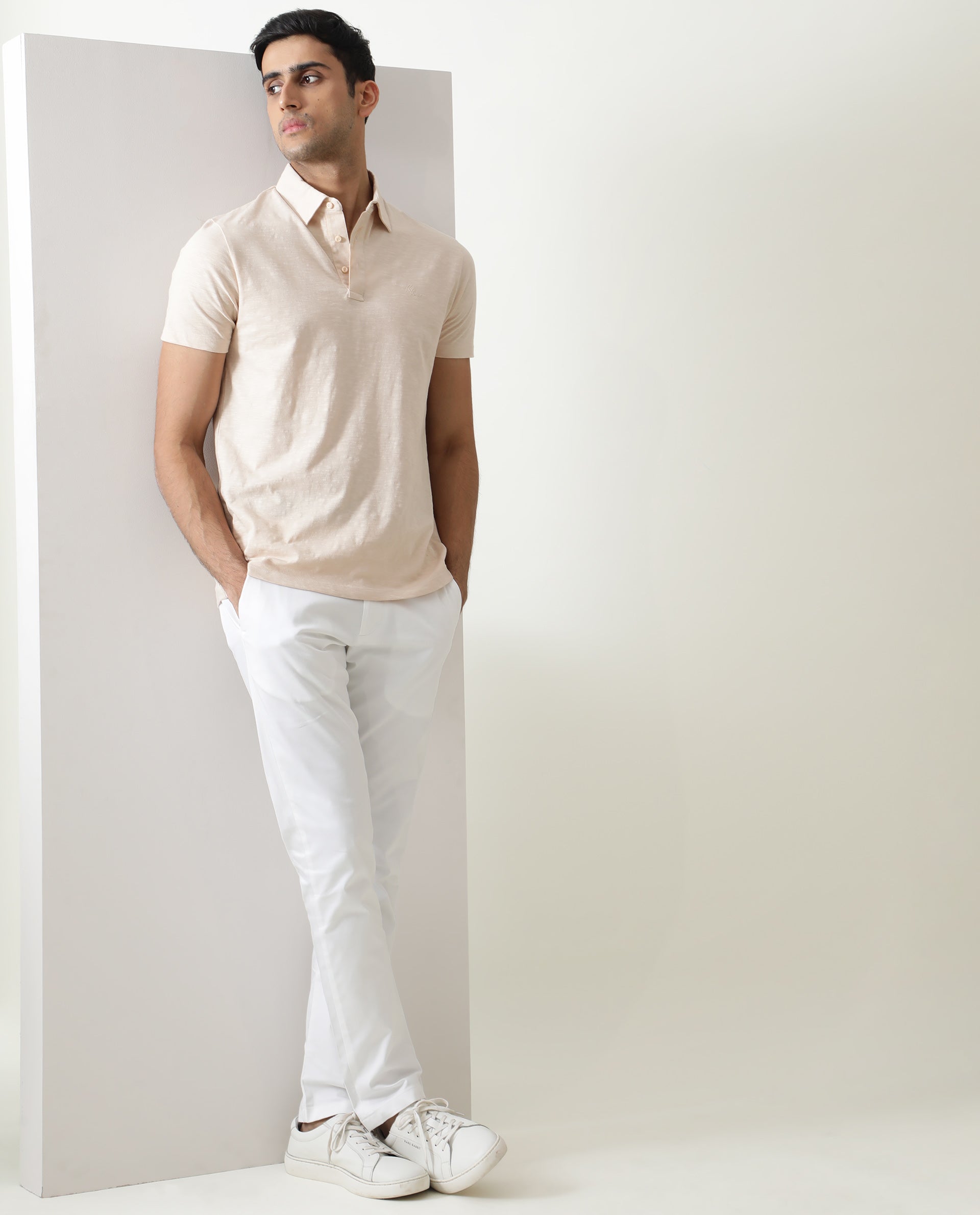 Rare Rabbit Men's Trent Beige Cotton Fabric Collared Neck Half Sleeves Textured Polo T-Shirt