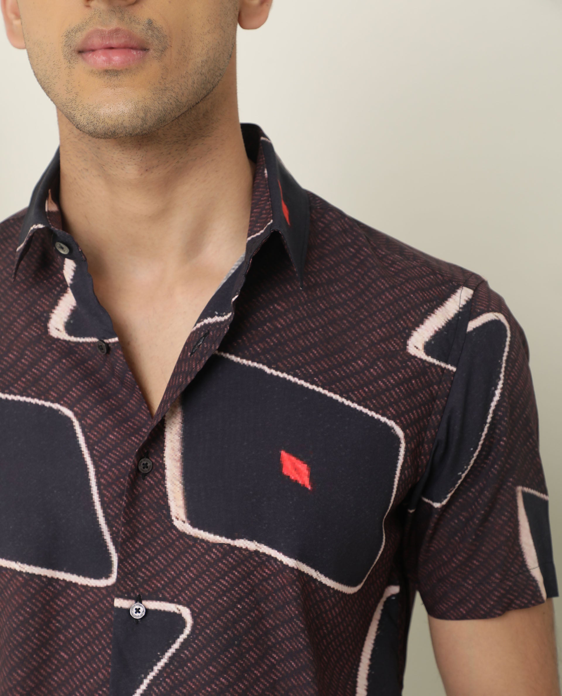 Rare Rabbit Men's Nistic Brown Viscose Fabric Geometric Print Half Sleeves Shirt