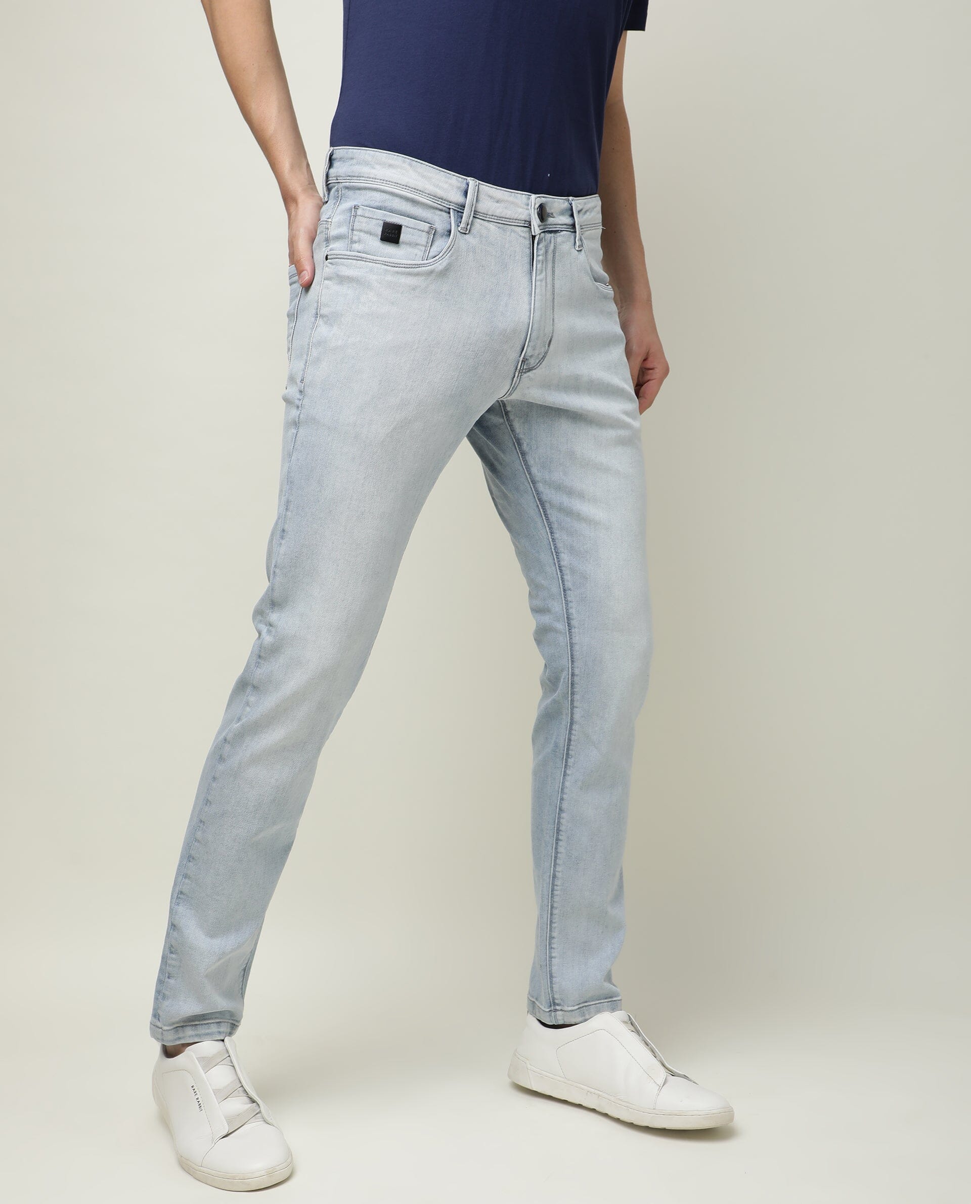 Rare Rabbit Men's Dallas Light Blue Ice Wash Mid-Rise Regular Fit Jeans