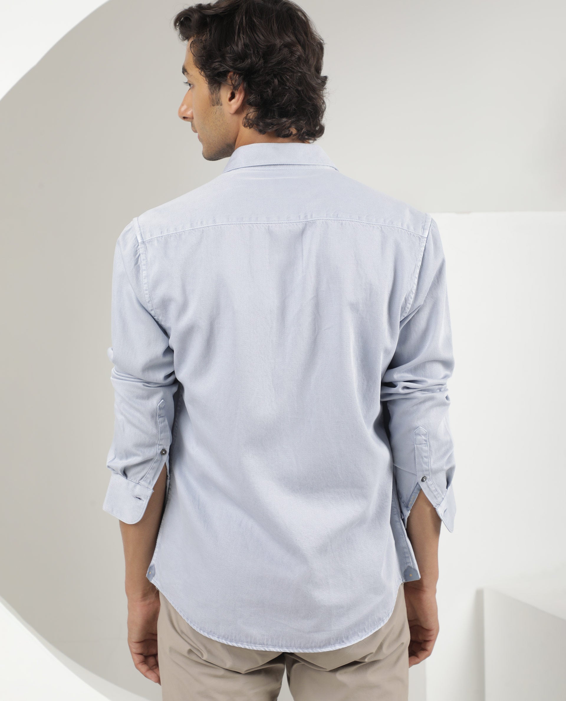 Rare Rabbit Men's Lyton Pastel Blue Cotton Fabric Full Sleeves Solid Twill Shirt