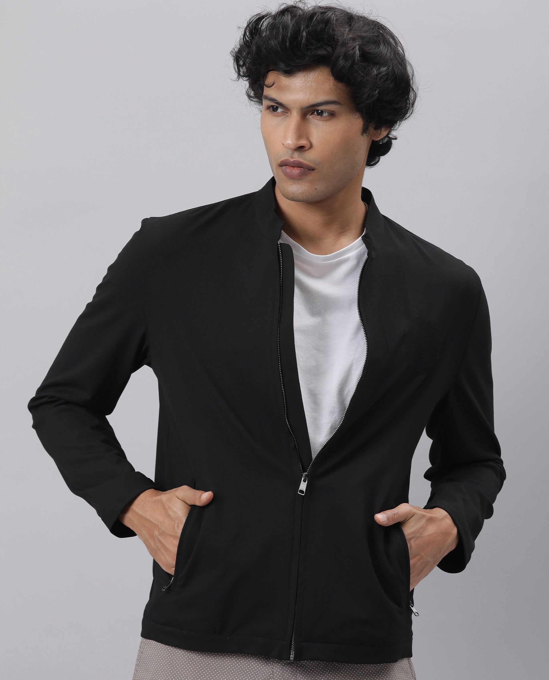 RARE RABBIT MEN'S SIGN-2 BLACK JACKET POLYESTER VISCOSE FABRIC MANDARIN COLLAR FULL SLEEVES ZIPPER CLOSURE SLIM FIT