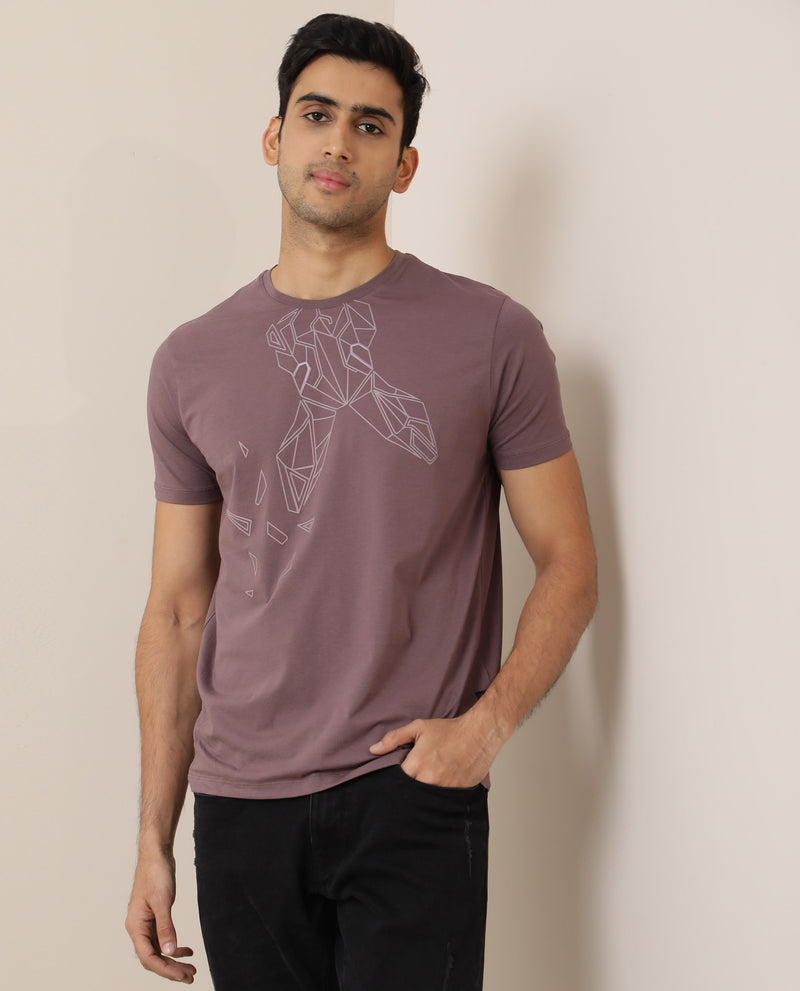 Rare Rabbit Men's Mikeal Brown Cotton Lycra Fabric Crew Neck Half Sleeves Regular Fit Graphic Printed Logo T-Shirt