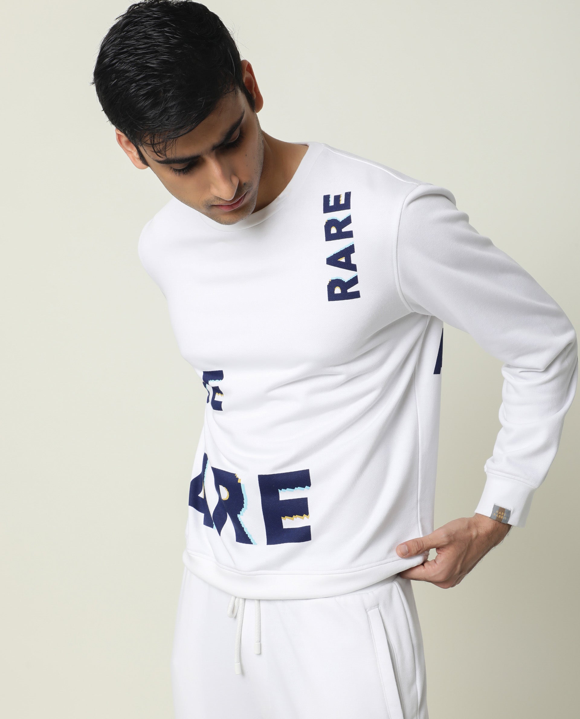 Rare Rabbit Men's Clovis White Cotton Polyester Fabric Full Sleeves Graphic Statement Print Sweatshirt