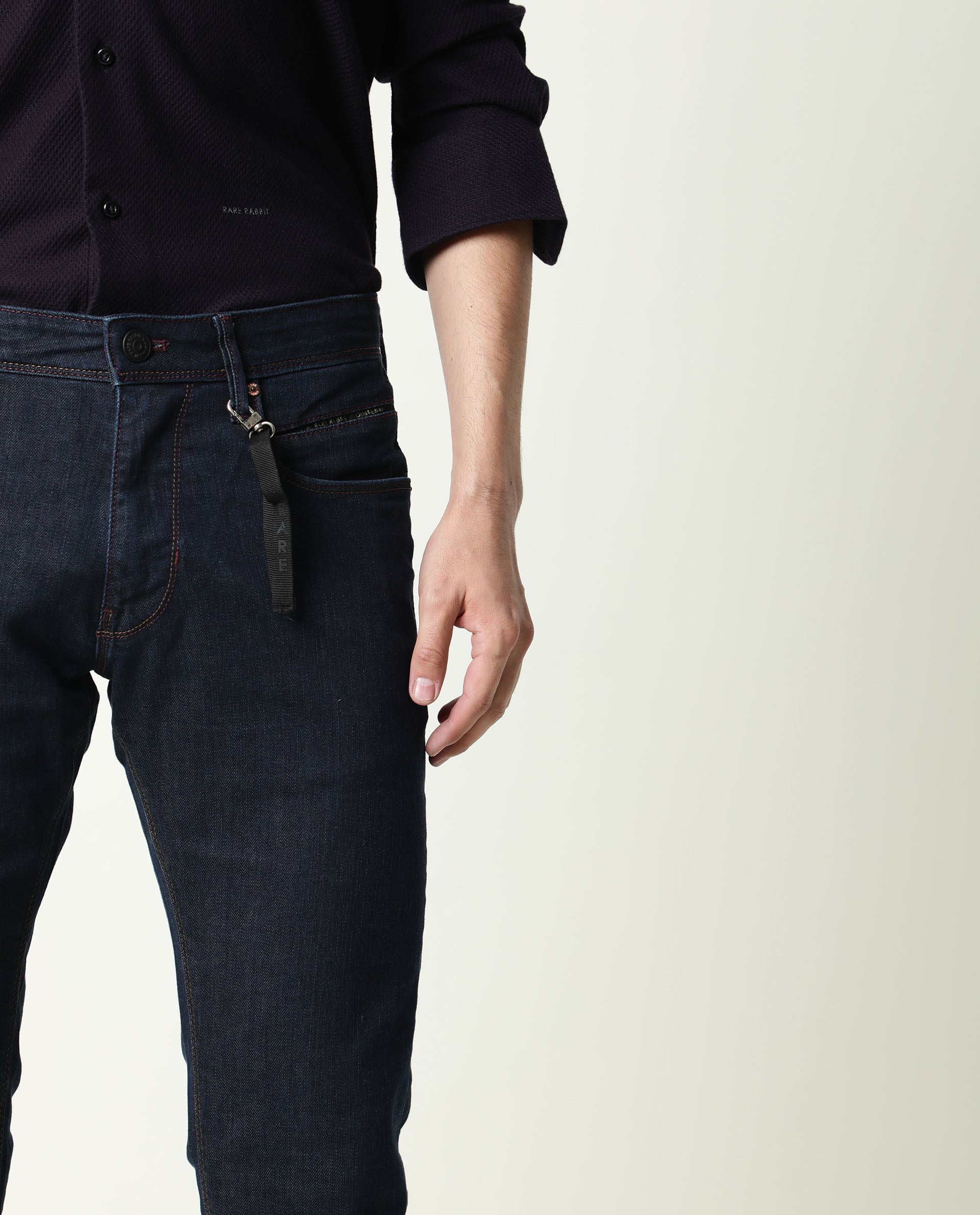 Rare Rabbit Men's Dratt-2  Navy Dark Wash Mid-Rise Slim Fit Jeans