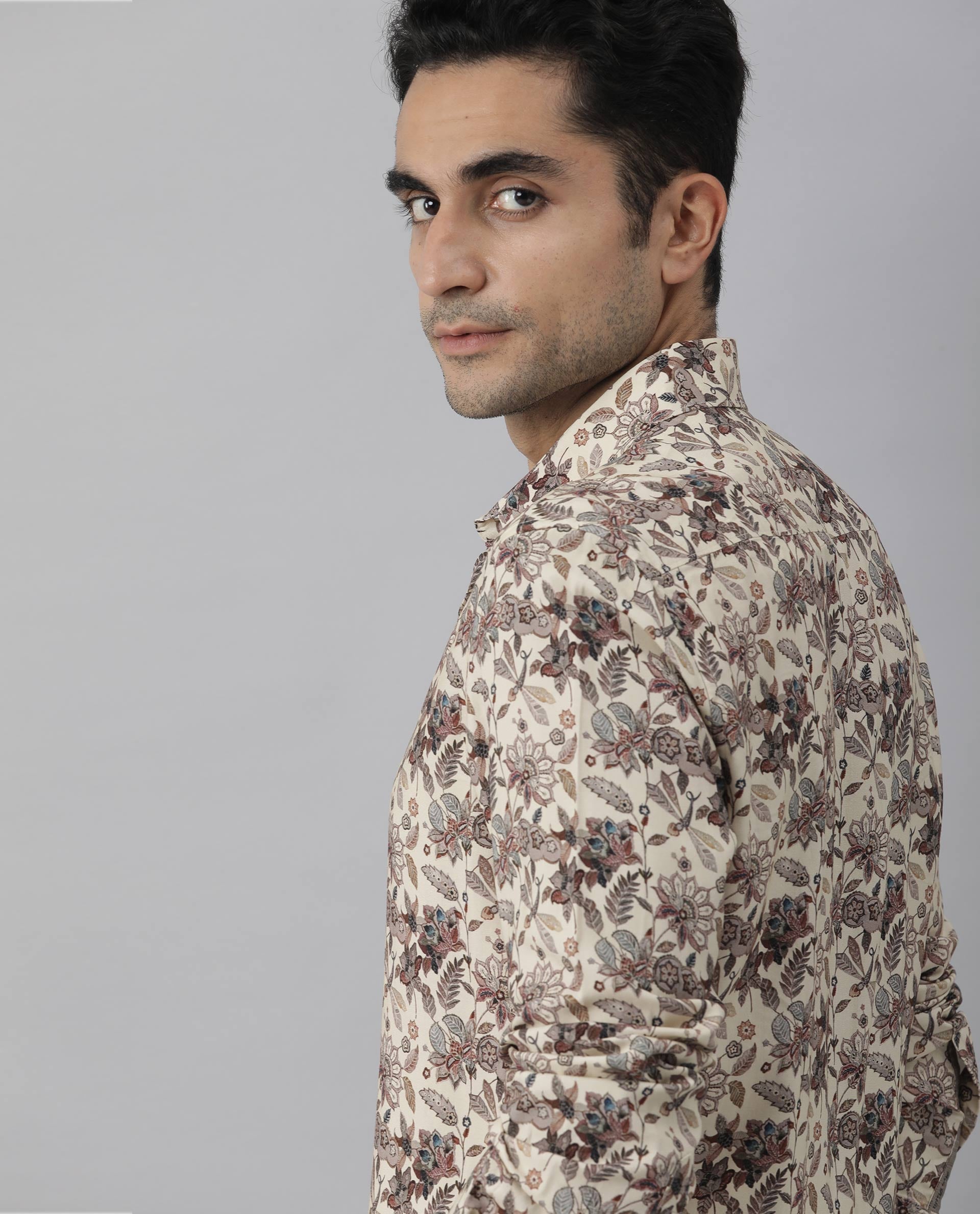 Rare Rabbit Men's Ravell Beige Cotton Viscose Fabric Full Sleeves Floral Print Shirt