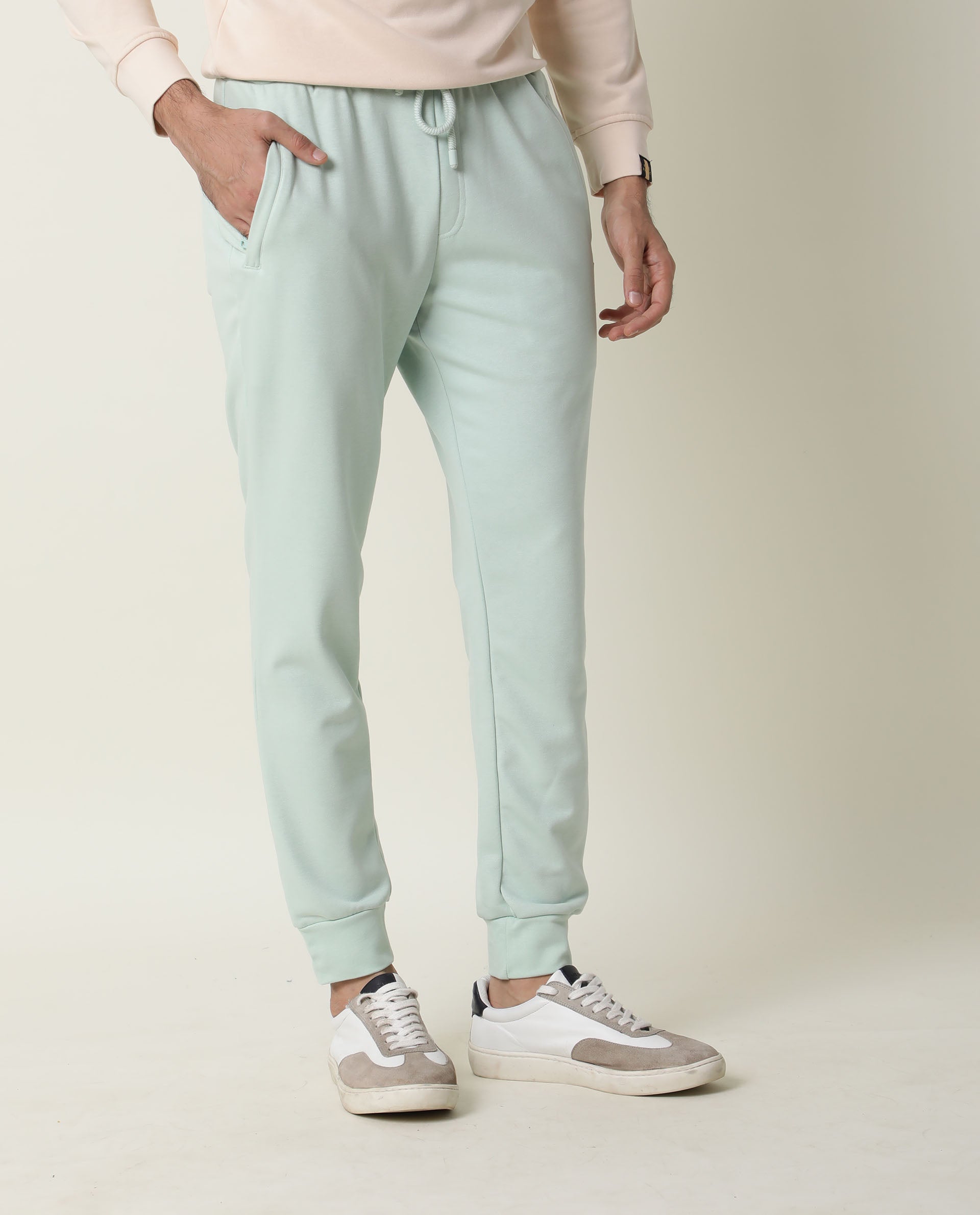 RARE RABBIT ARVON PRIMARY GREEN TRACK PANT COTTON POLY FABRIC SLIM FIT DRAWSTING CLOSURE