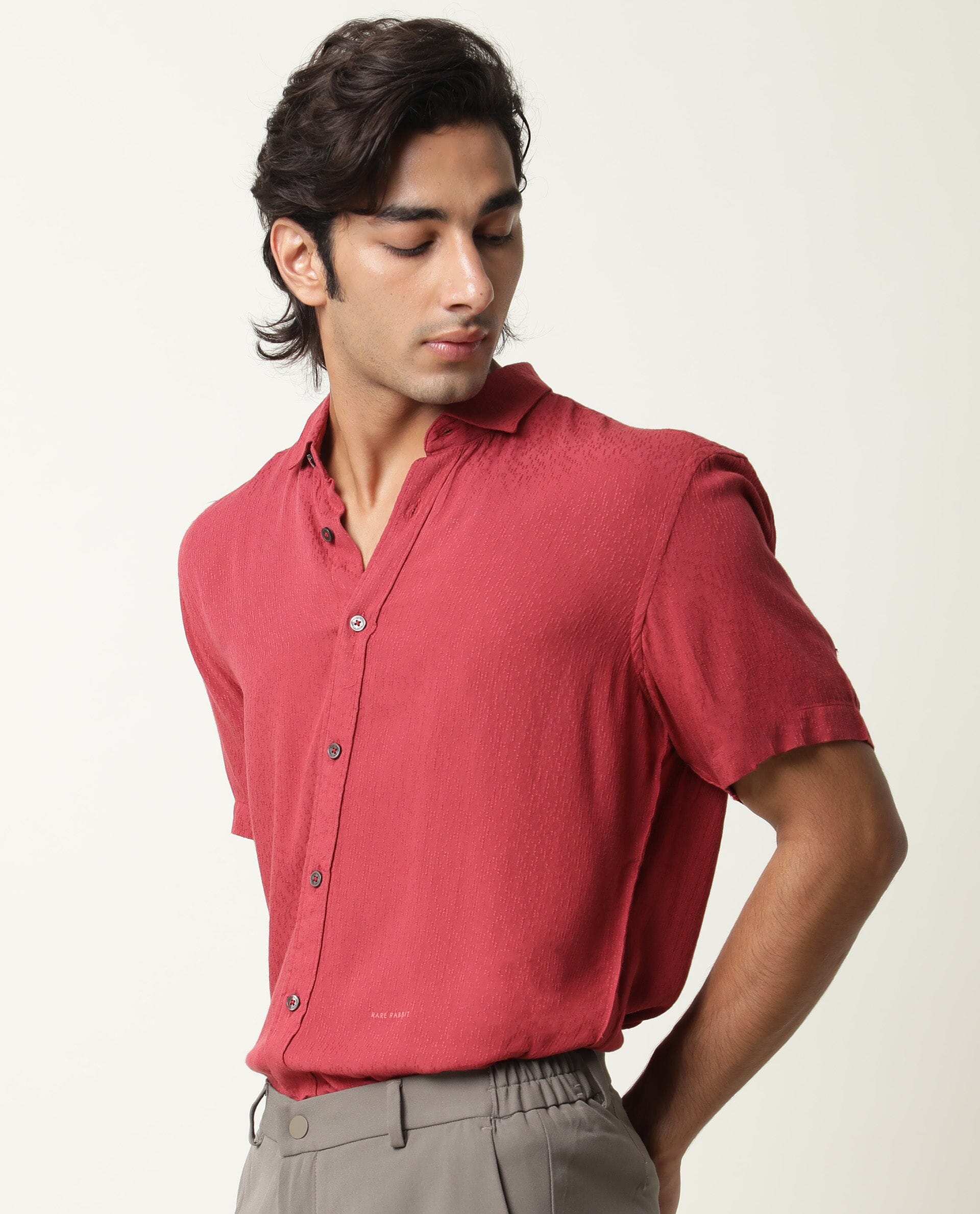 RARE RABBIT MENS JENNY RED SHIRT RAYON FABRIC SLIM FIT COLLAR COLLAR Short Sleeve