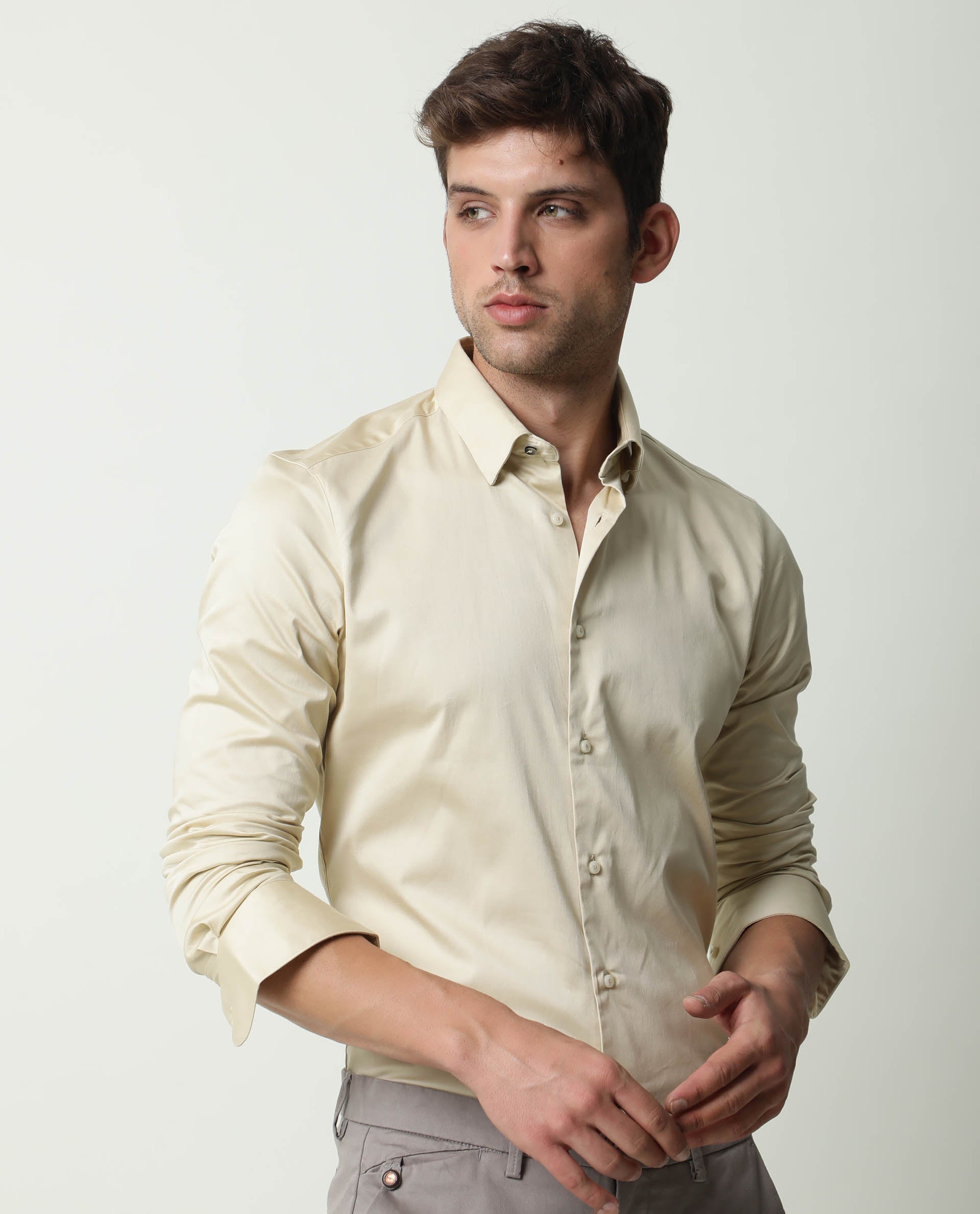 Rare Rabbit Men's Como Beige Satin Fabric Button Down Collar Full Sleeves Solid Formal Shirt