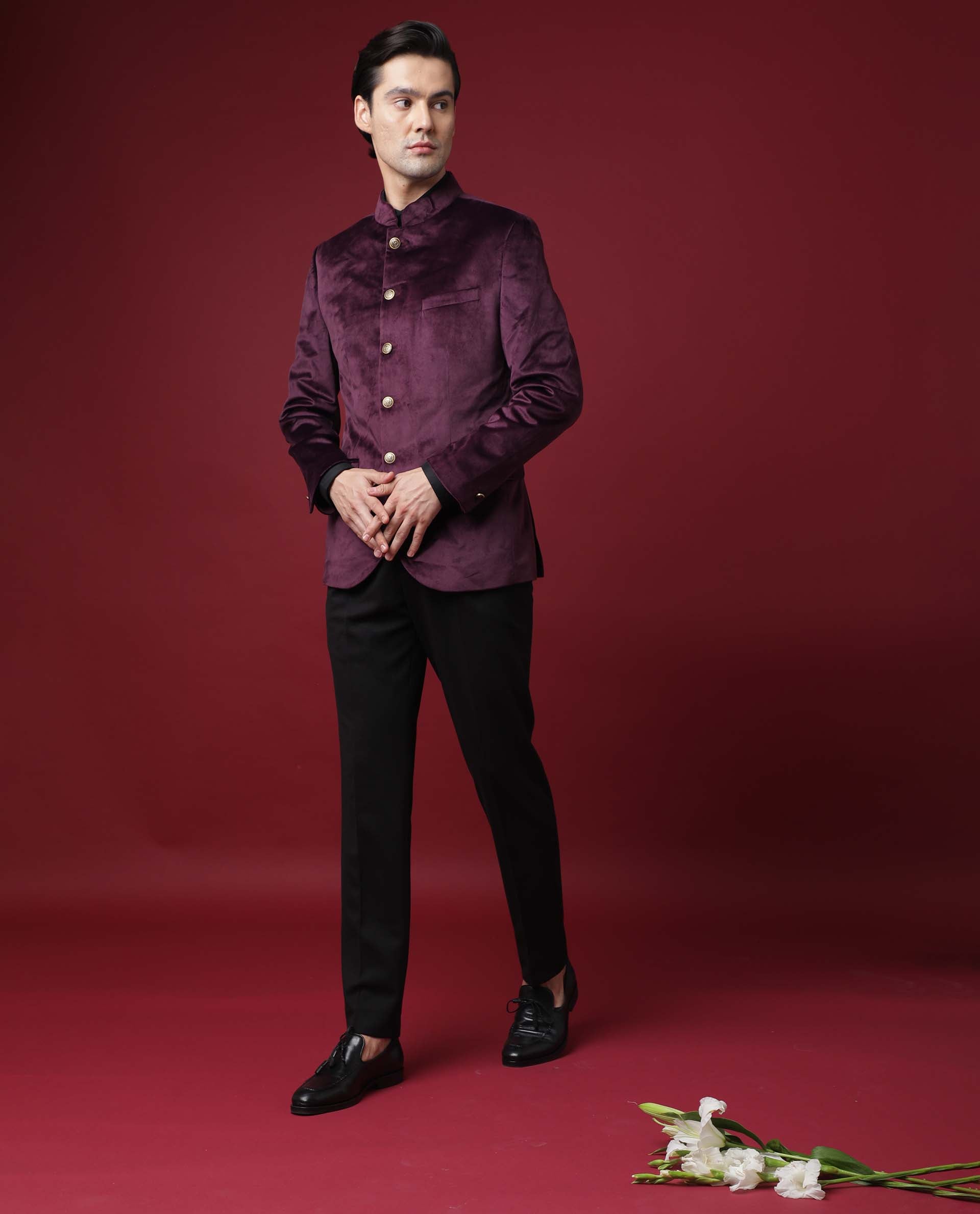 Rare Rabbit Men's Core Primary Maroon Mandarin Collar Full Sleeves Slim Fit Velvet Bandhgala