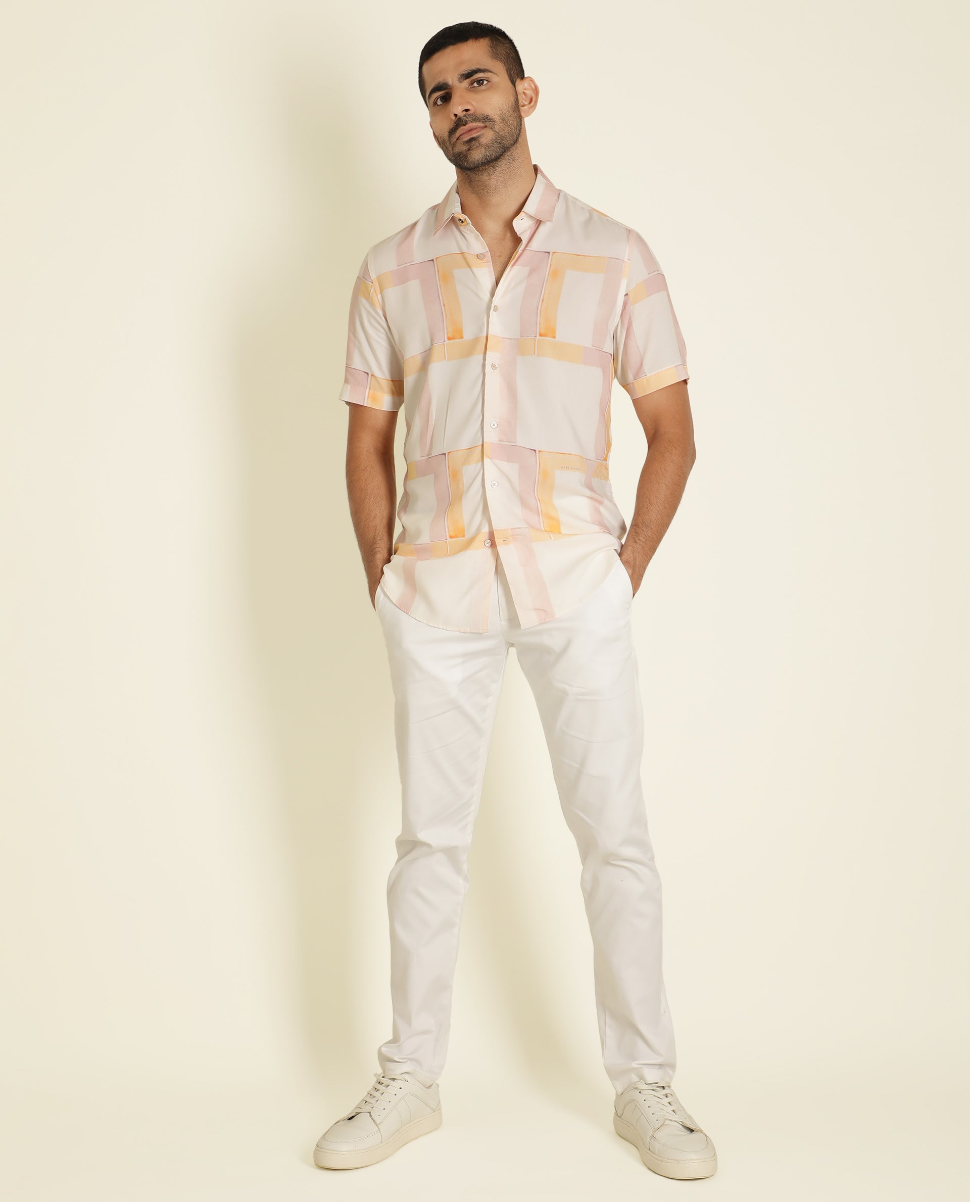 Rare Rabbit Men's Kexby White Viscose Fabric Abstract Print Half Sleeves Shirt