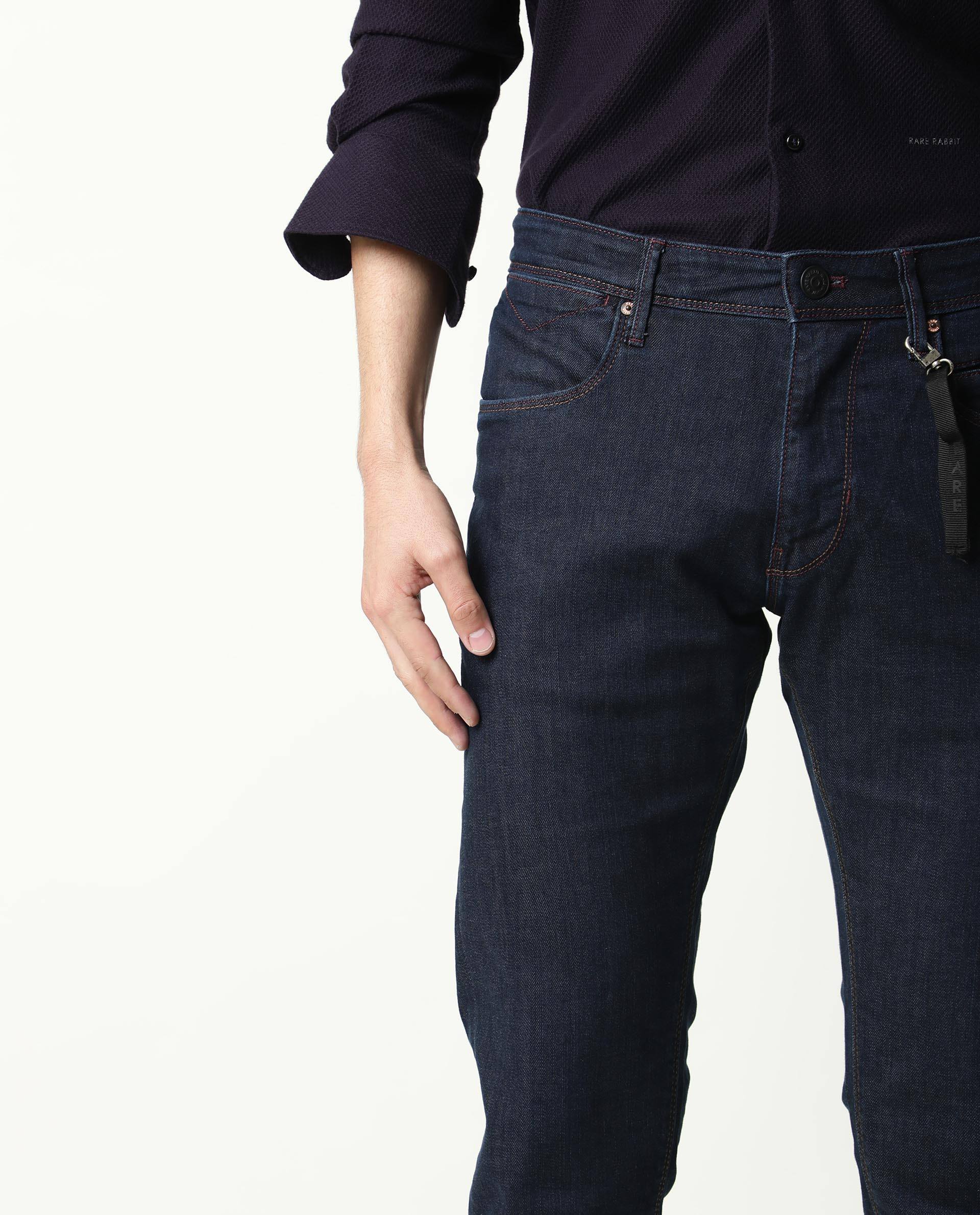 Rare Rabbit Men's Dratt-2  Navy Dark Wash Mid-Rise Slim Fit Jeans