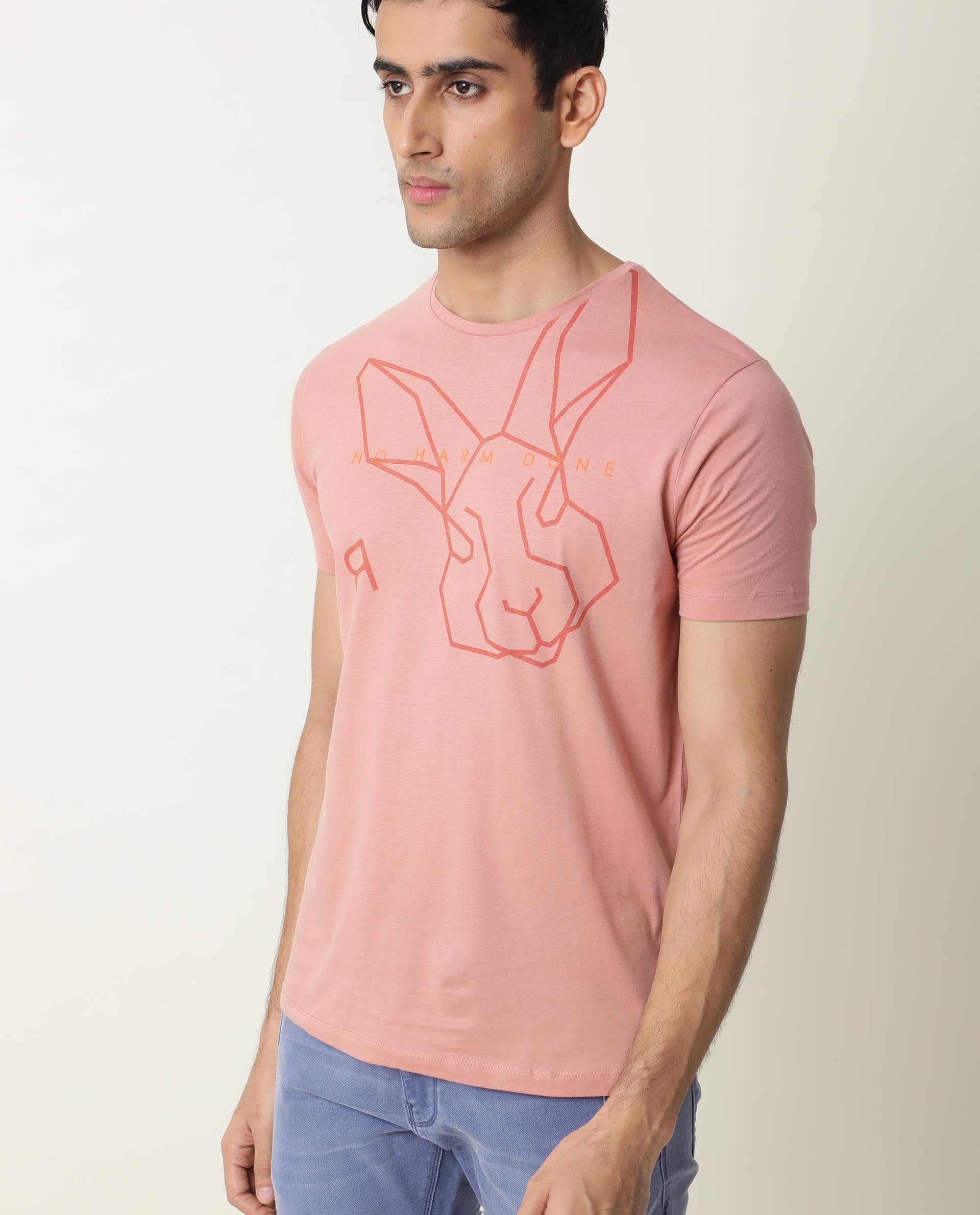 RARE RABBIT MEN'S MILTON PINK T-SHIRT COTTON FABRIC CREW NECK HALF SLE