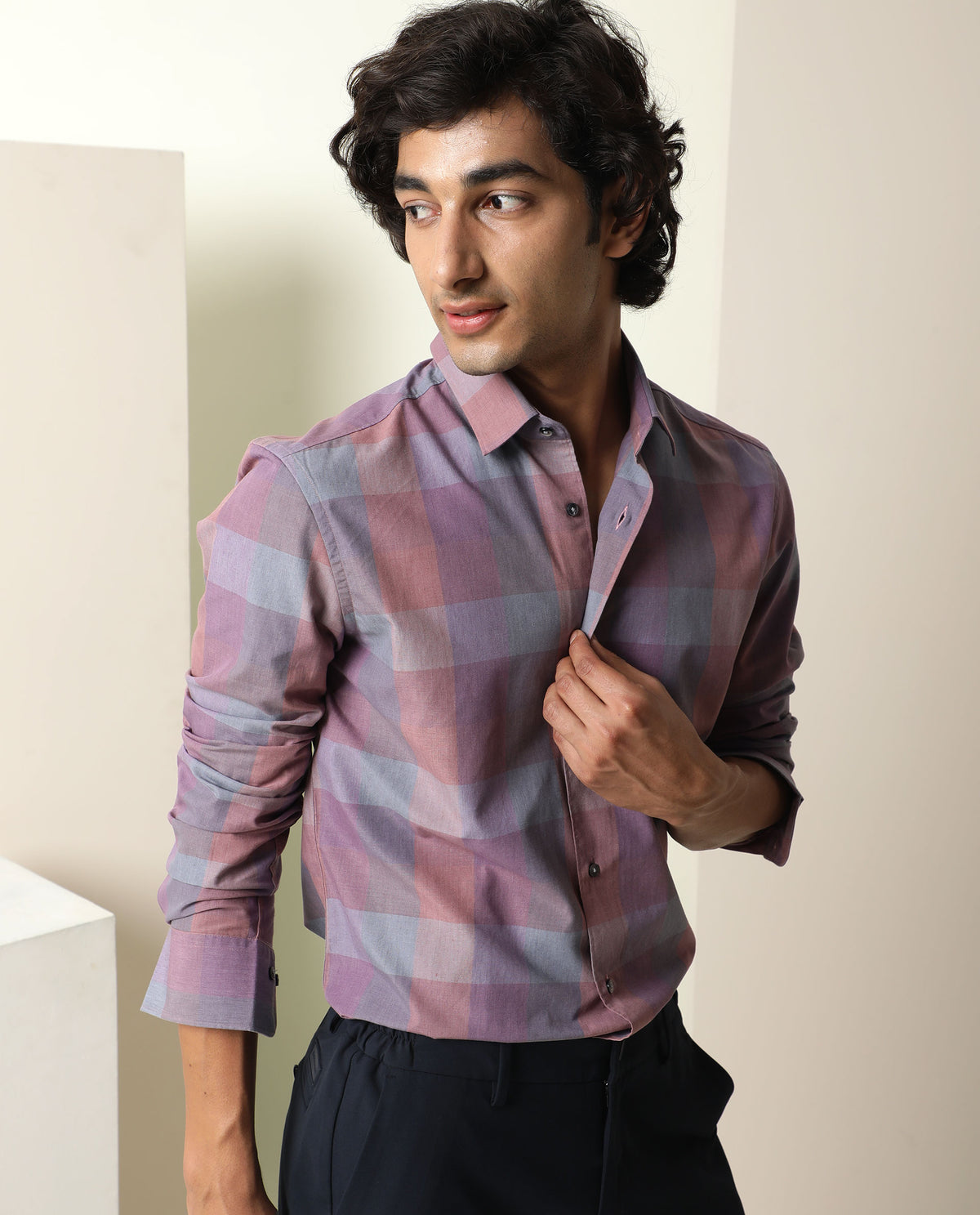 Rare Rabbit Men's Vasco Pink Cotton Fabric Full Sleeves Checks Print Shirt
