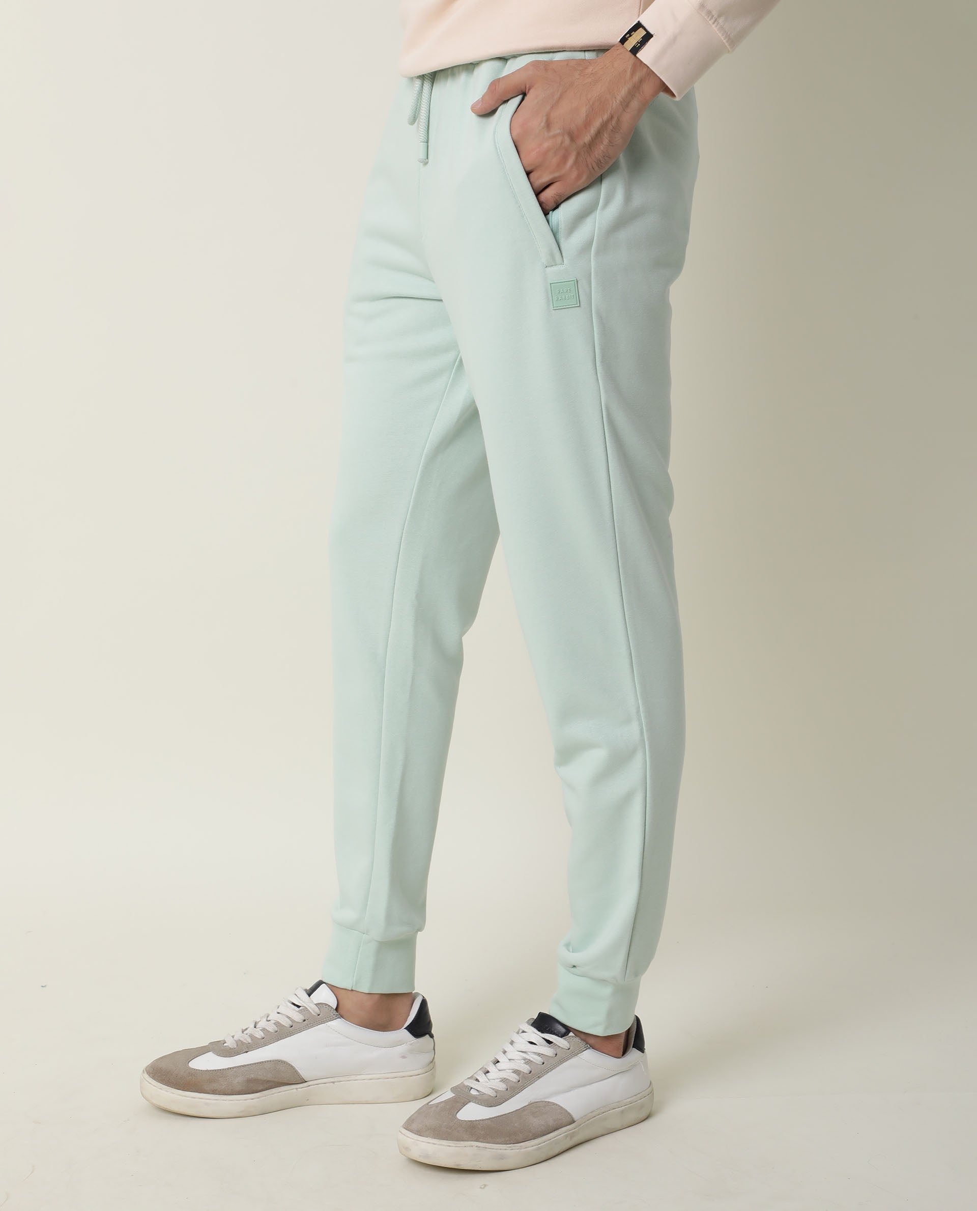 RARE RABBIT ARVON PRIMARY GREEN TRACK PANT COTTON POLY FABRIC SLIM FIT DRAWSTING CLOSURE