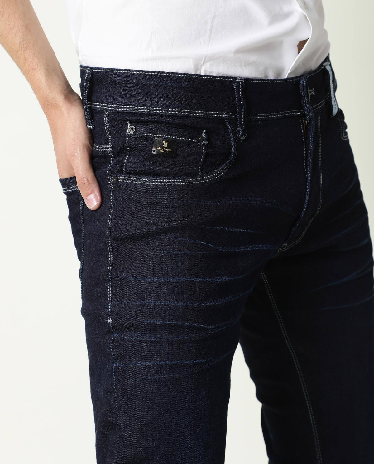 Rare Rabbit Men's Neo Blue Mid-Rise Dark Wash Slim Fit Jeans