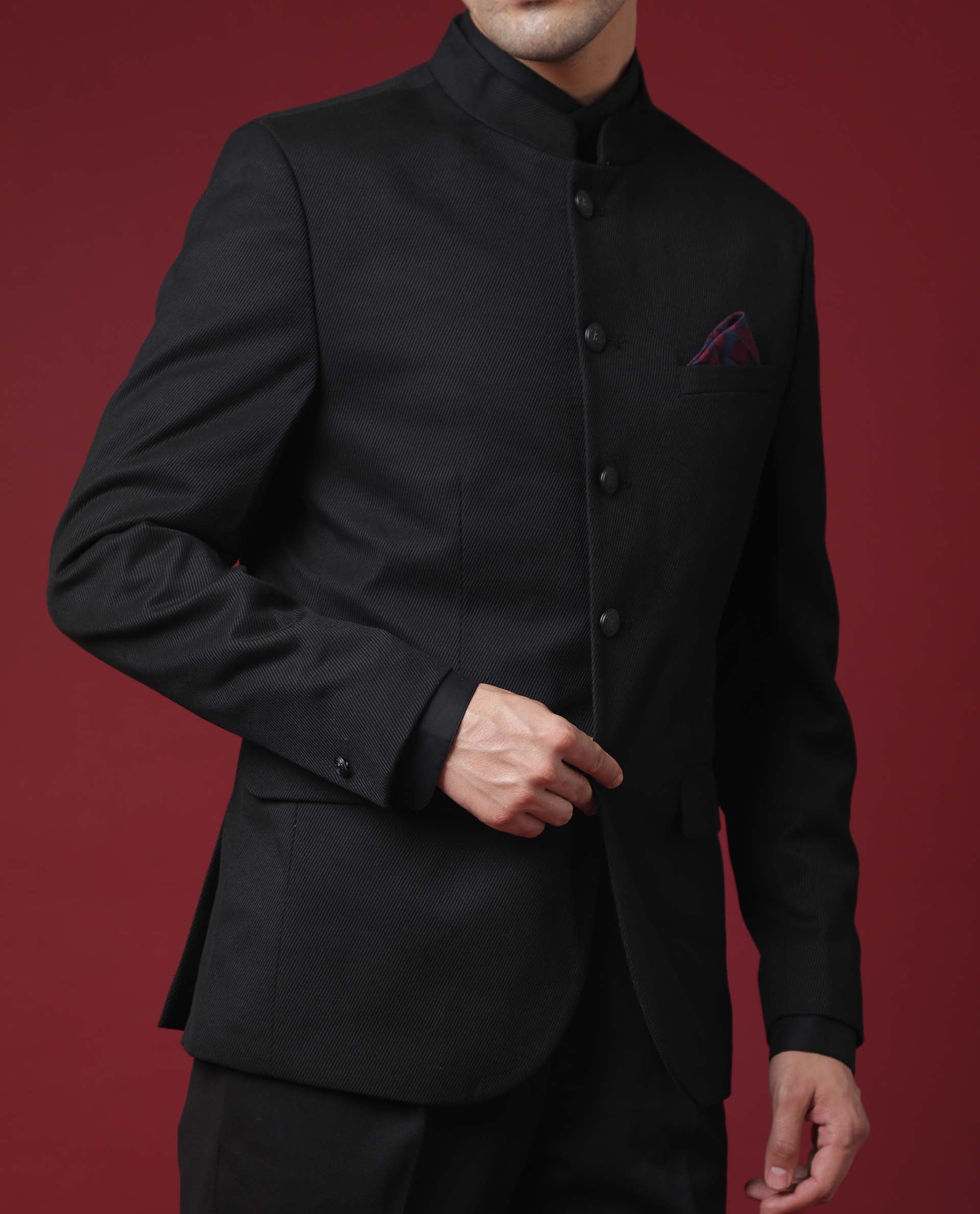 Rare Rabbit Men's Edit Band Black Mandarin Collar Tailored Fit Twill Textured Bandhgala