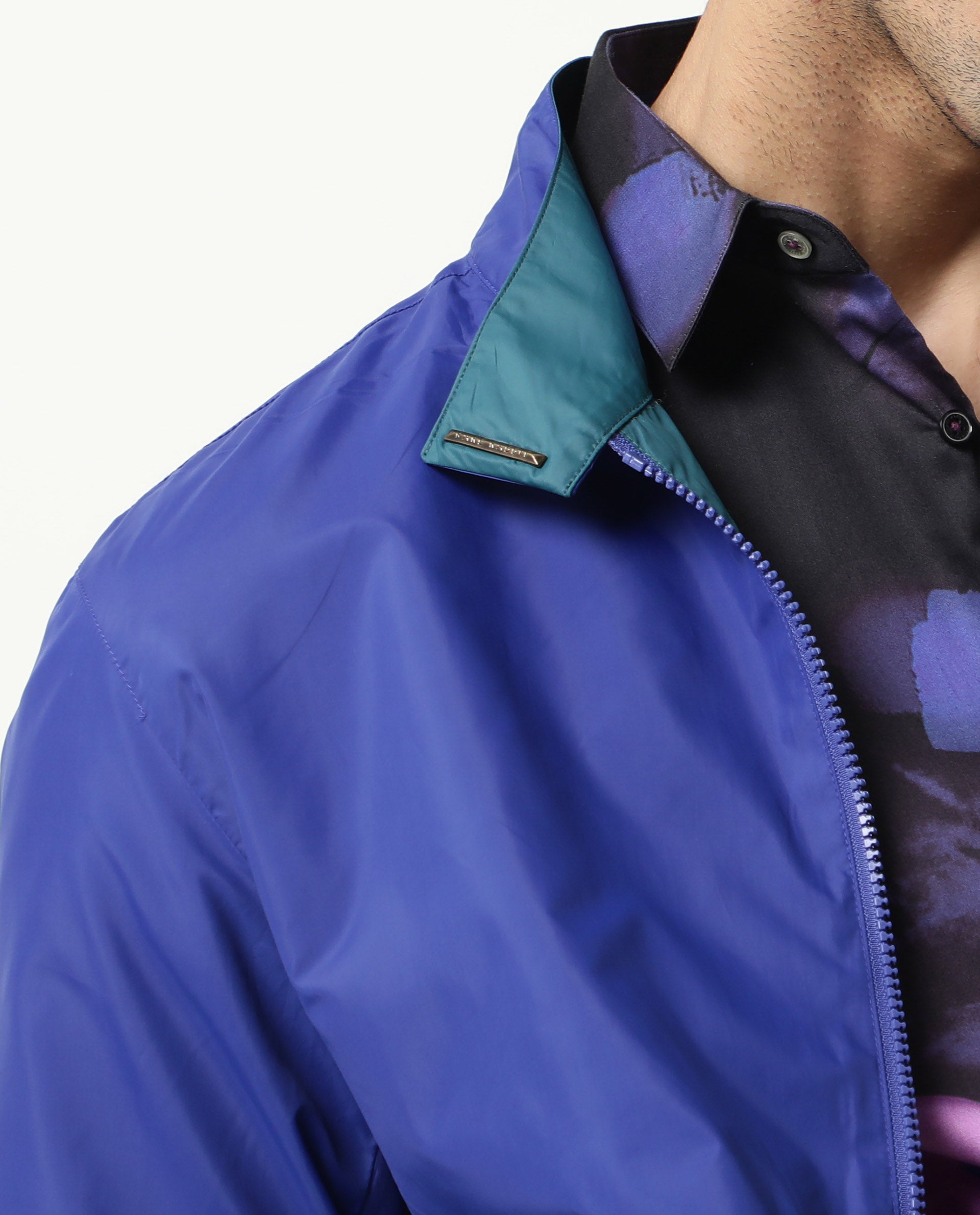 Rare Rabbit Men's Adol Petrol Plain Lightweight Band Collar Reversible Jacket