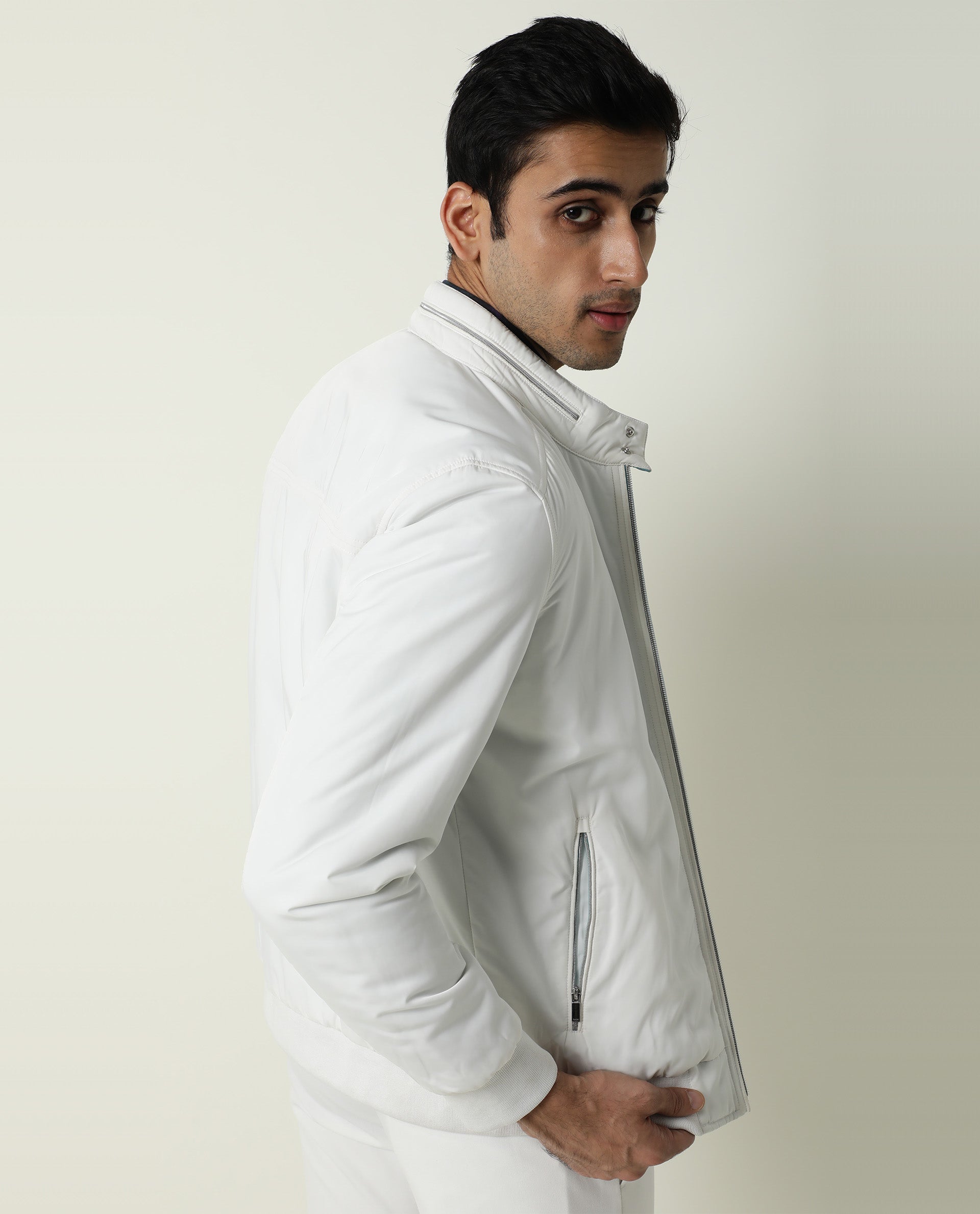 Rare Rabbit Men's Royban White Plain Regular Fit Full Sleeve Stand Col