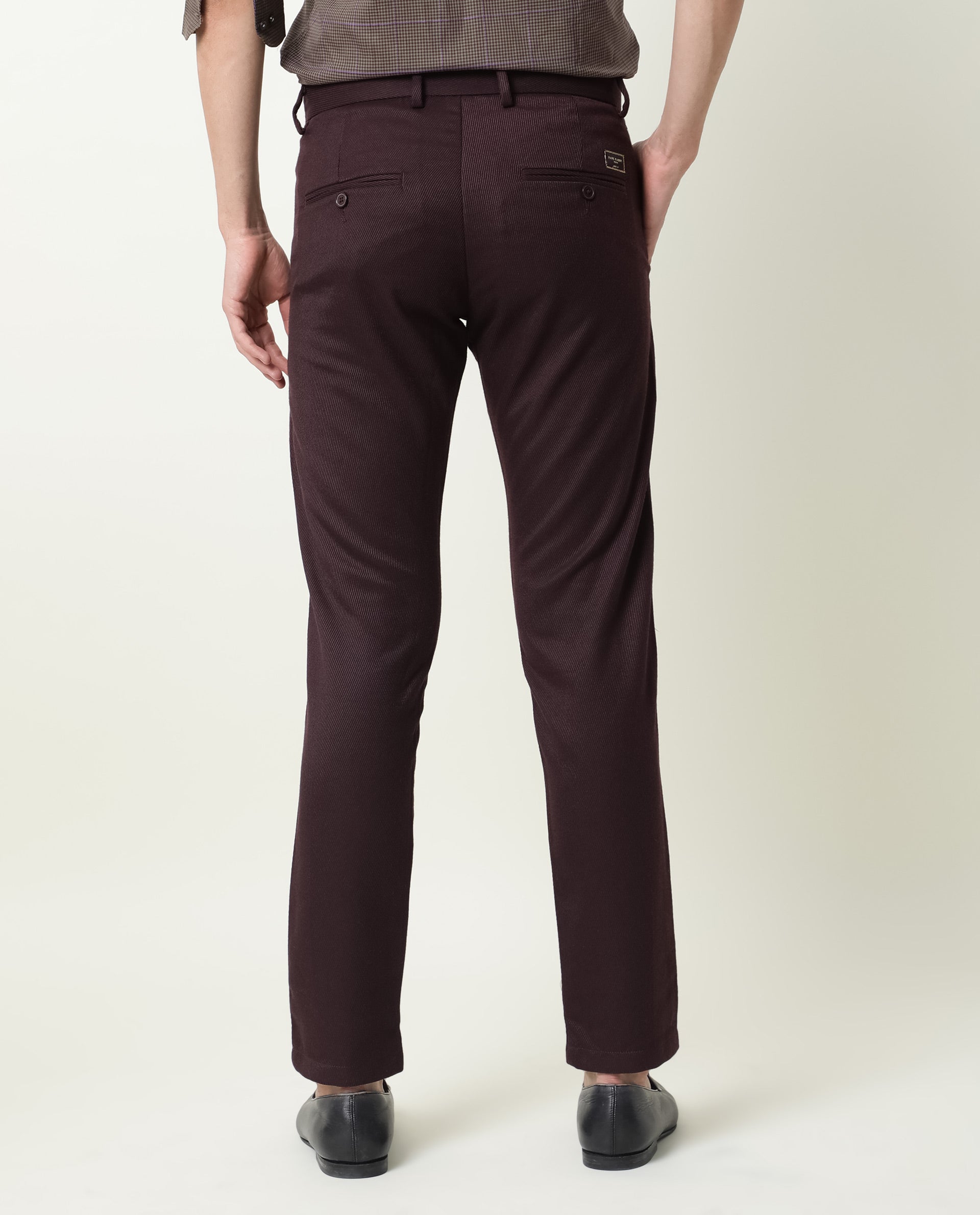 Rare Rabbit Men's Edit Dark Maroon Poly Viscose Fabric Slim Fit Button & Zip Closure Trouser