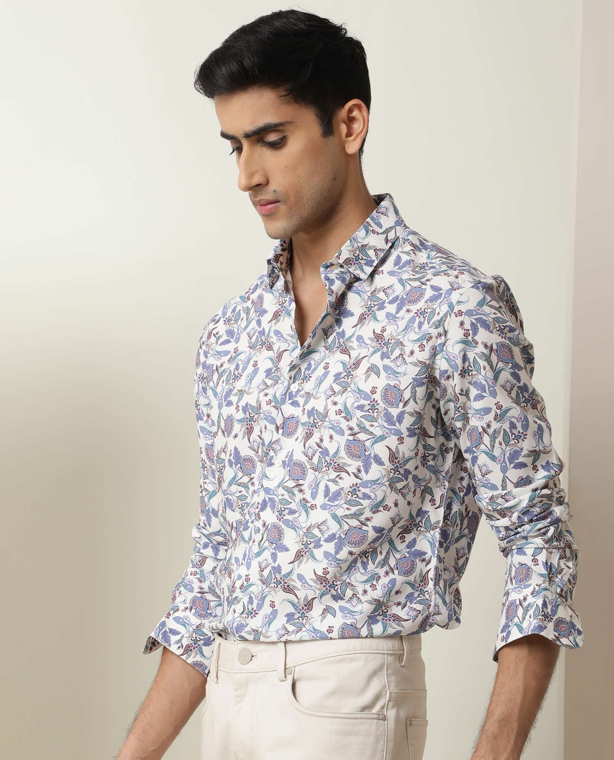 Rare Rabbit Men's Lambos White Viscose Fabric Floral Print Full Sleeves Shirt