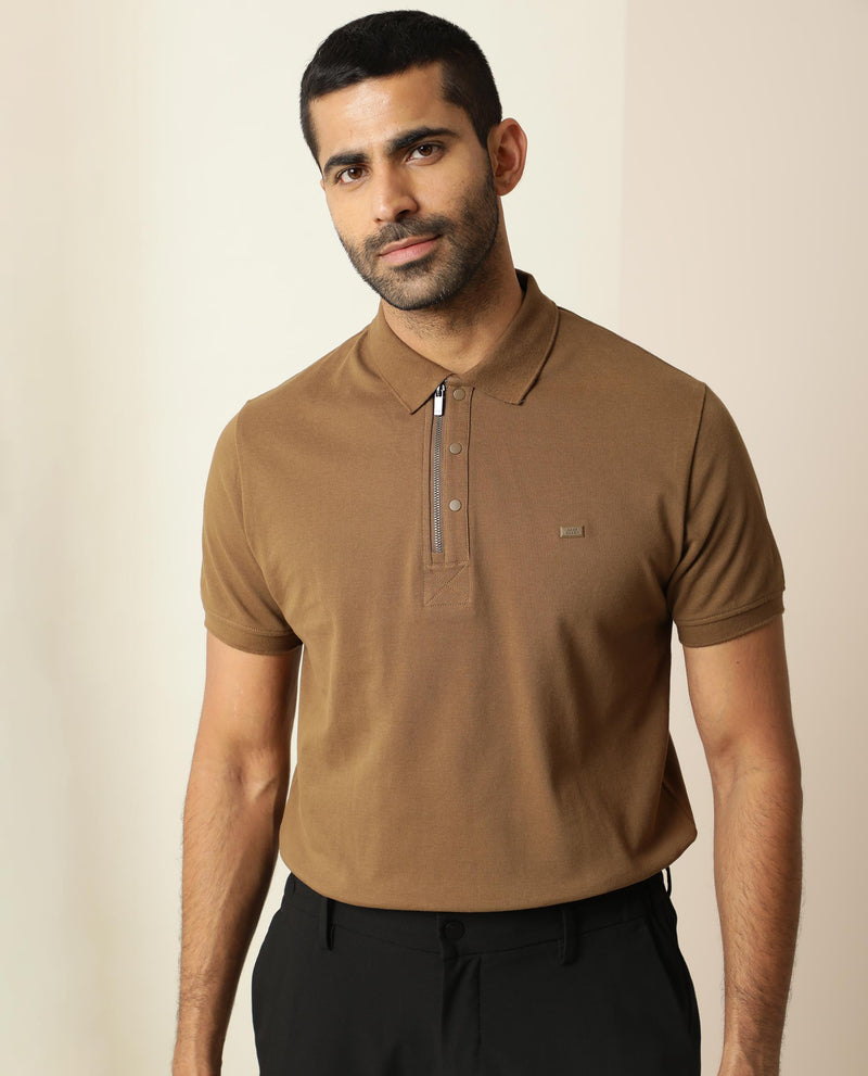 Rare Rabbit Men's Silas Brown Cotton Fabric Snap Button And Zipper Closure Collared Neck Half Sleeve Polo T-Shirt