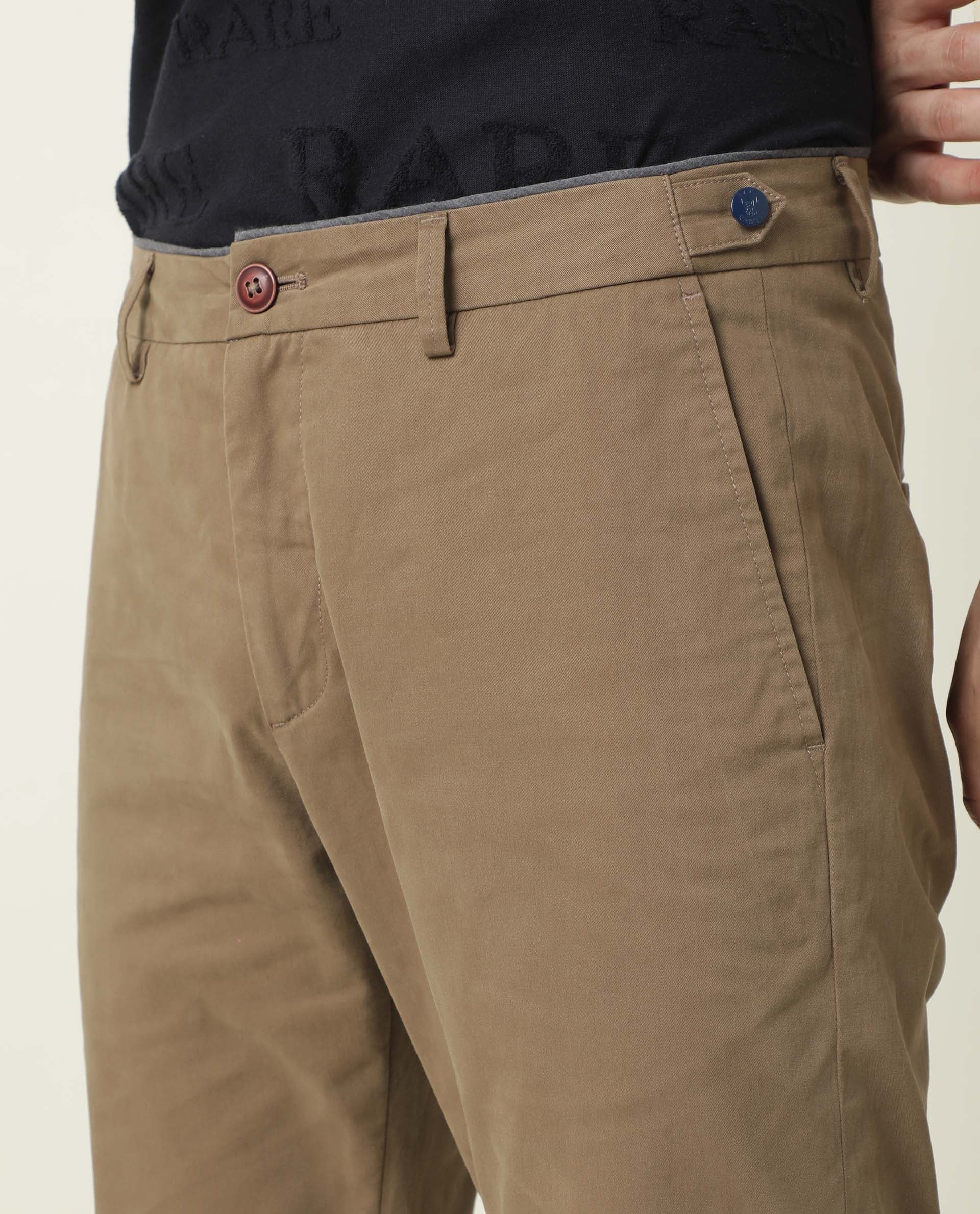 Rare Rabbit Men's Trews-22 Khaki Solid Mid-Rise Regular Fit Trouser