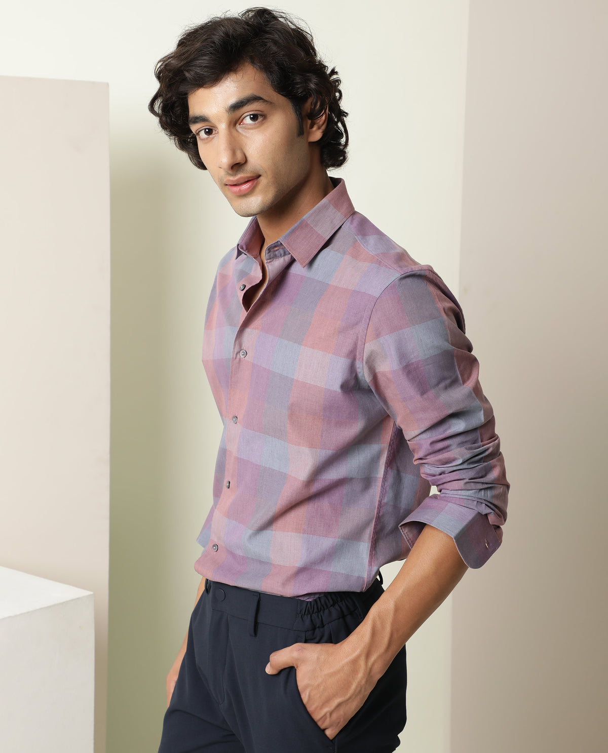 Rare Rabbit Men's Vasco Pink Cotton Fabric Full Sleeves Checks Print Shirt