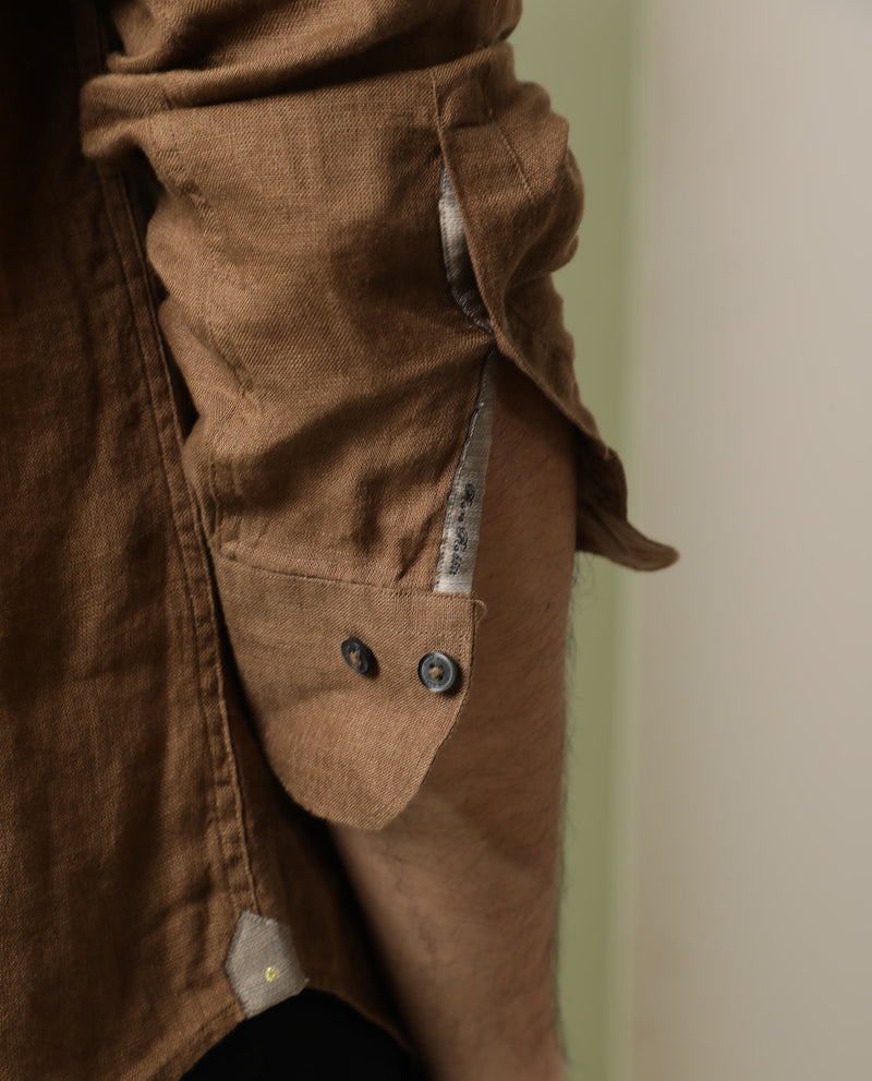 Rare Rabbit Men's Lenin Brown Linen Fabric Full Sleeves Solid Shirt