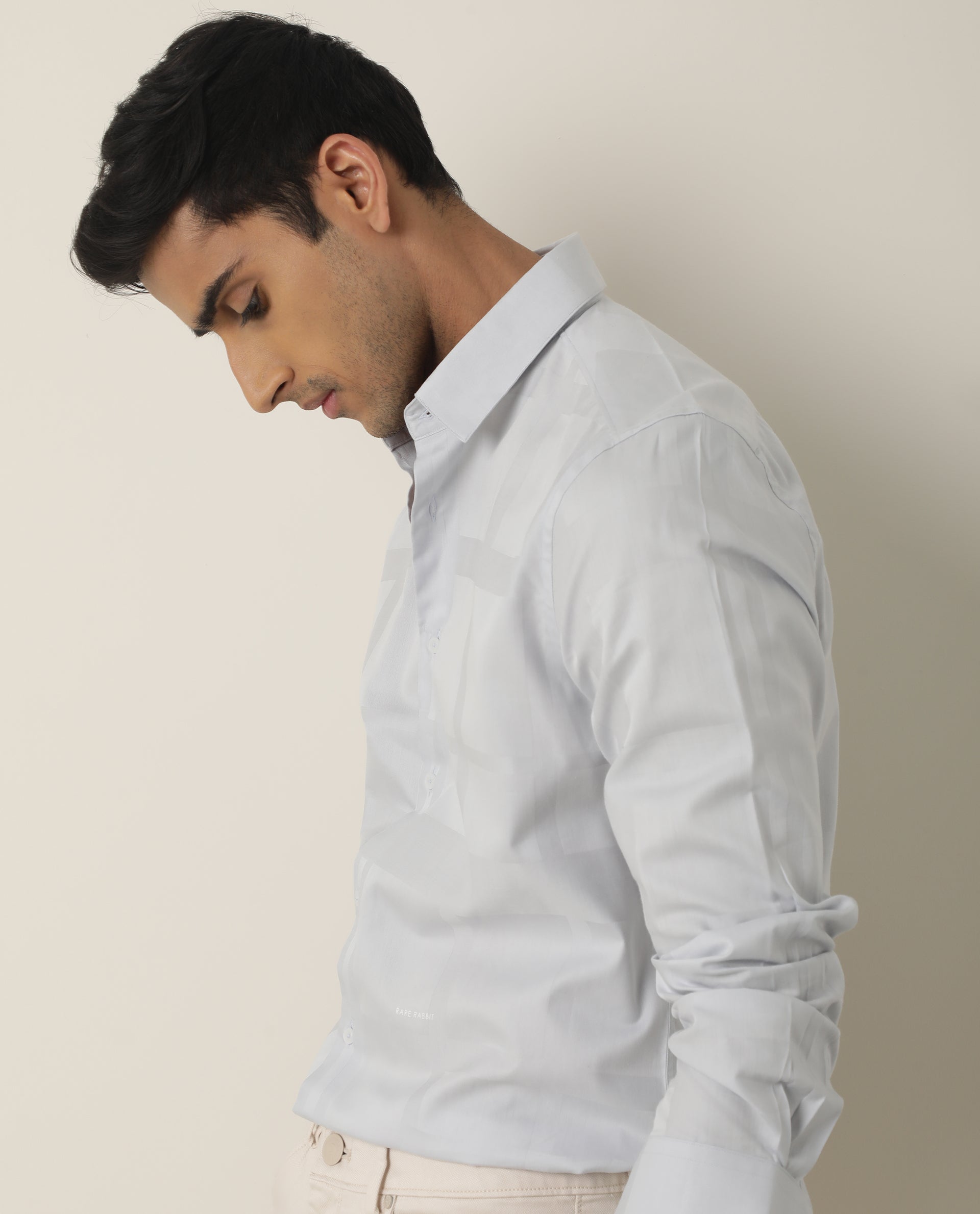 Rare Rabbit Men's Boxline Light Blue Cotton Lyocell Fabric Full Sleeves Checks Print Shirt