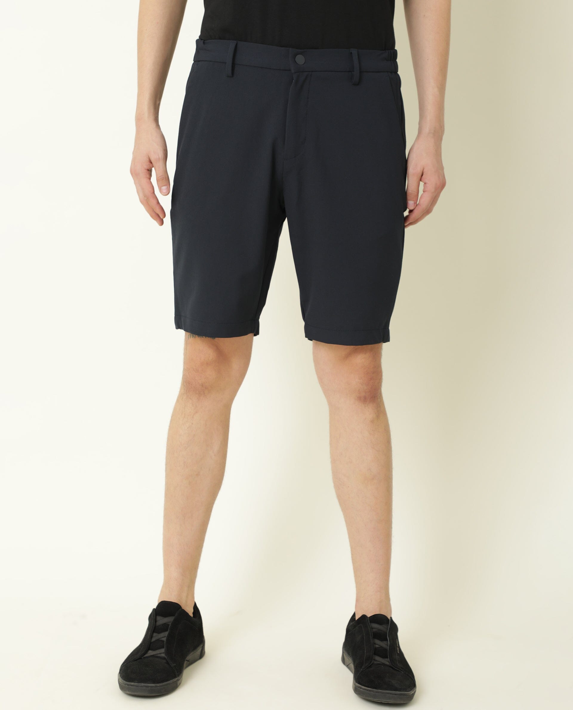 Rare Rabbit Mens Trip Navy Mid Rise Regular Fit Solid Shorts