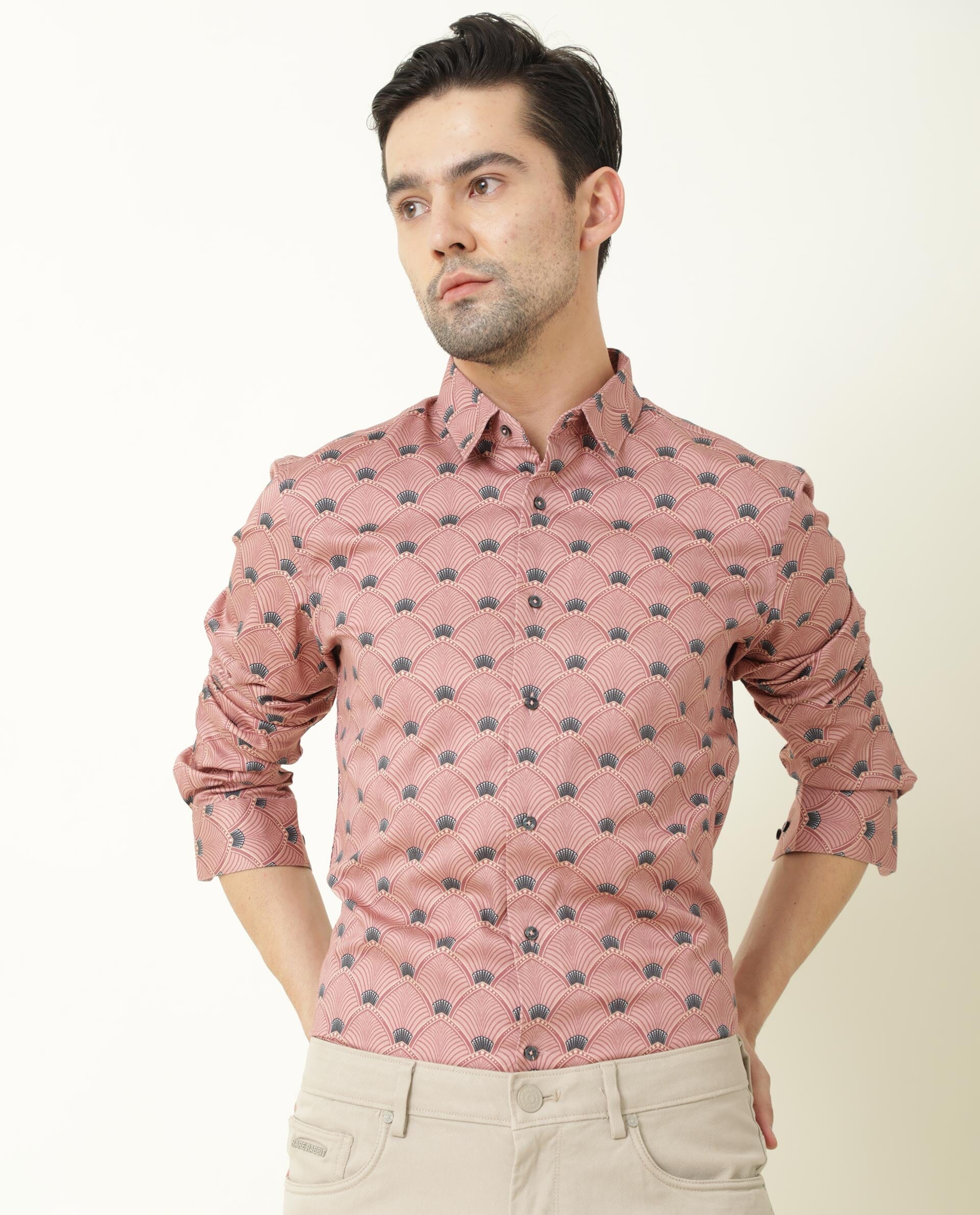 Rare Rabbit Men's Bowy Pink Cotton Fabric Geometric Print Full Sleeves Shirt