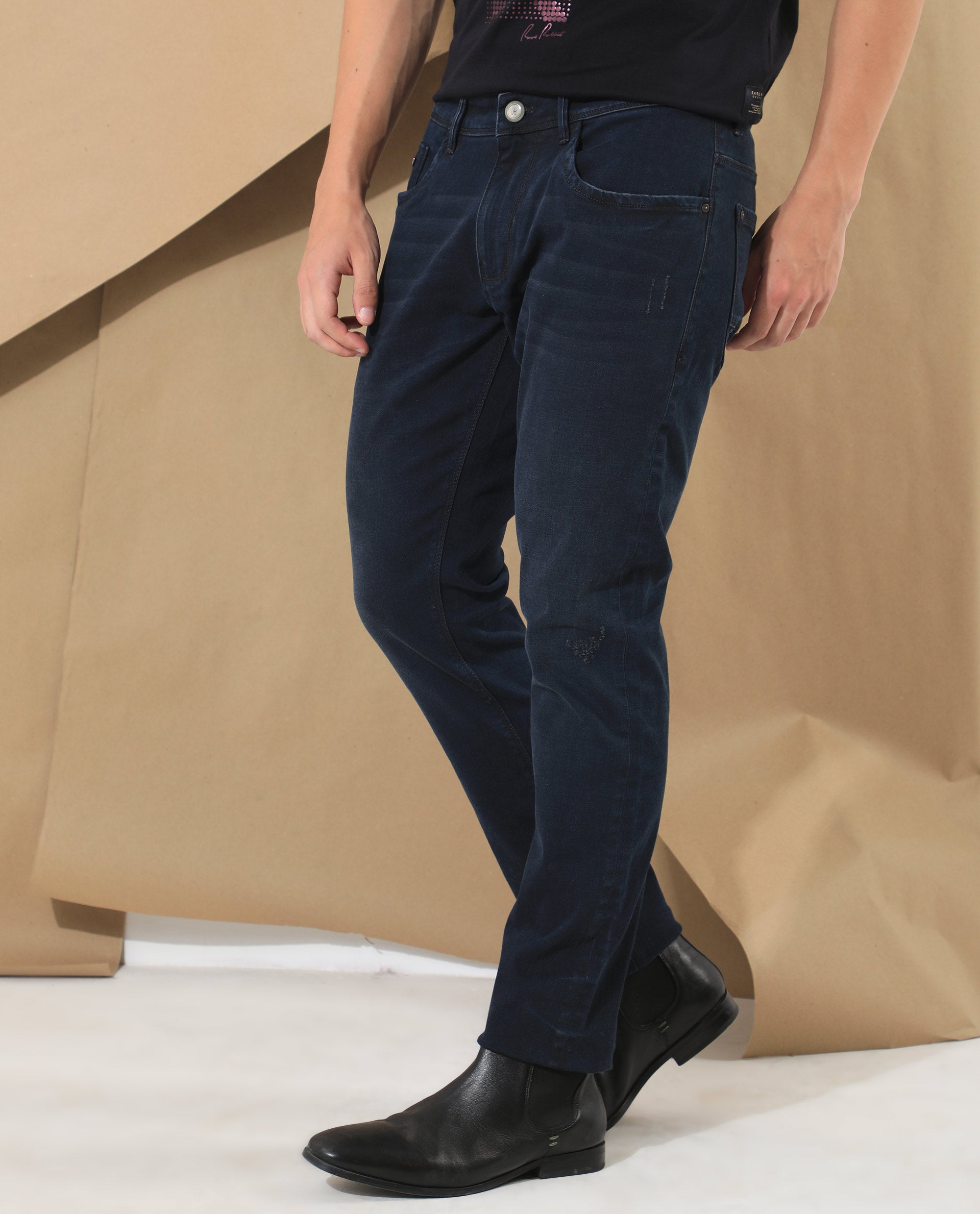 Rare Rabbit Men's Bray Blue Dark Wash Mid-Rise Slim Fit Jeans