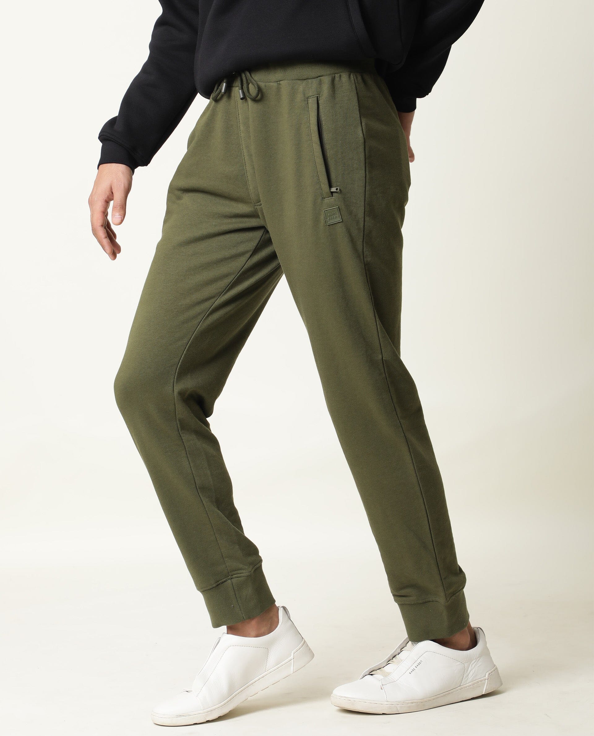 RARE RABBIT MEN'S ARTIC OLIVE TRACK PANT COTTON POLY FABRIC SLIM FIT MID RISE