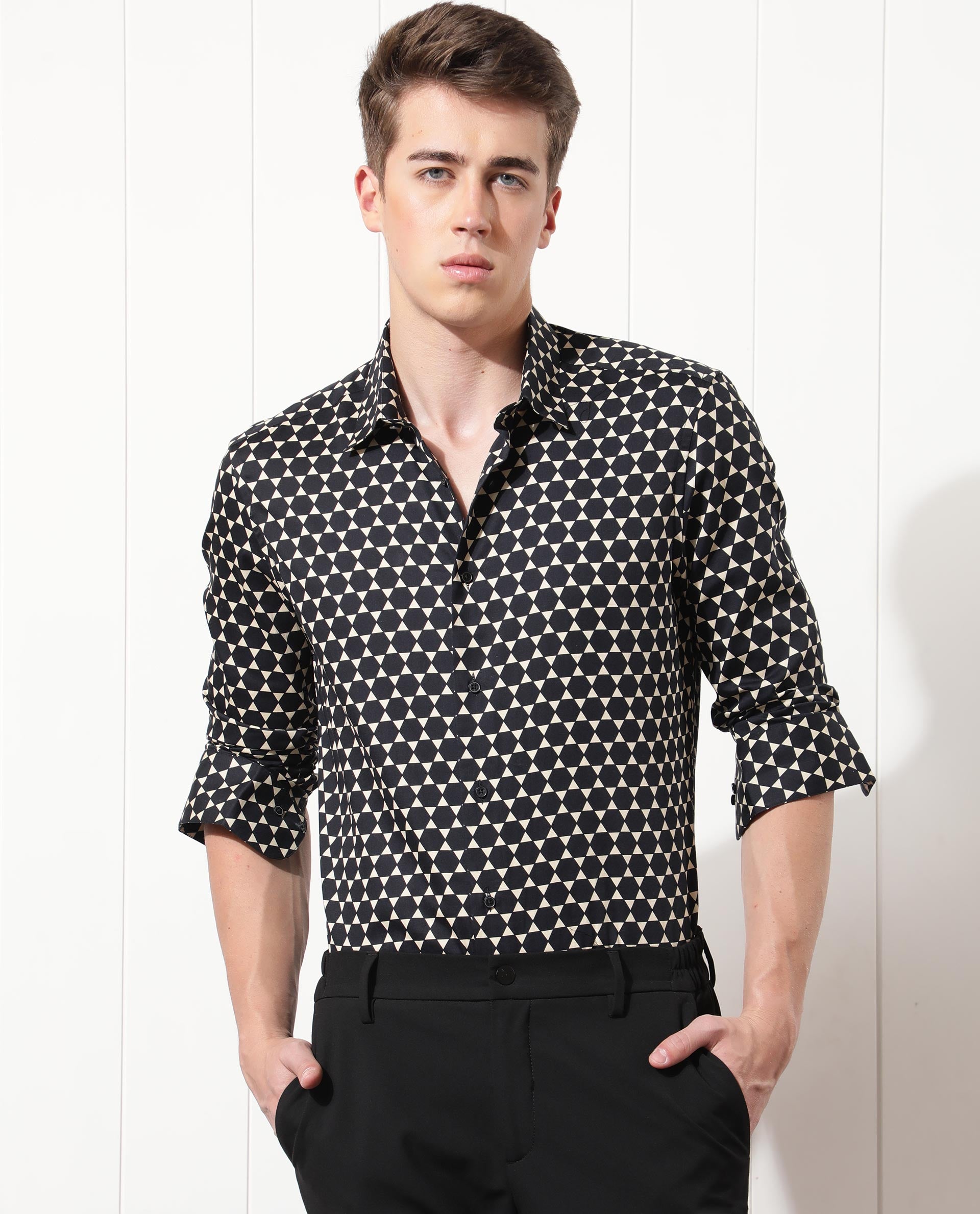 Rare Rabbit Men's Hexa Black Modal Fabric Geometric Print Full Sleeves Shirt