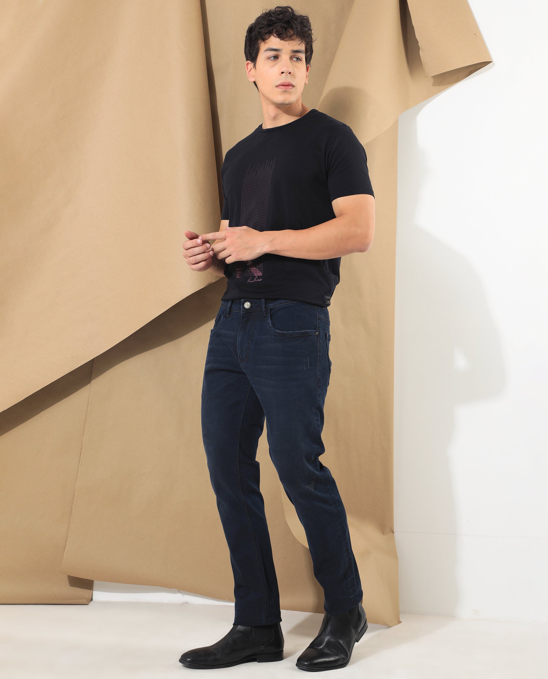 Rare Rabbit Men's Bray Blue Dark Wash Mid-Rise Slim Fit Jeans